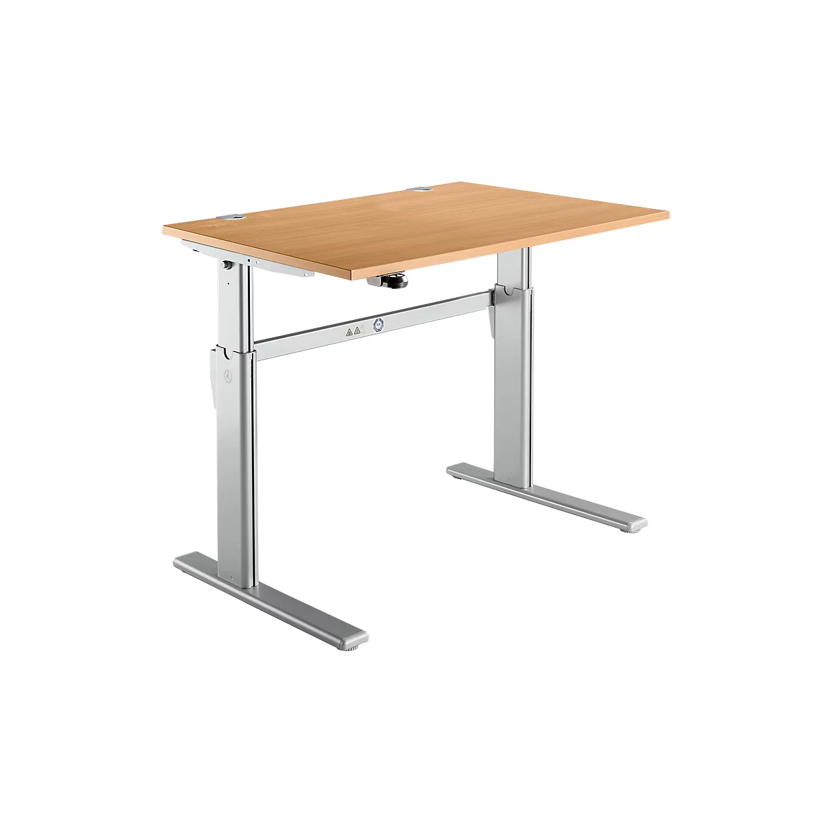 Height-adjustable desk, light wood, silver frame.