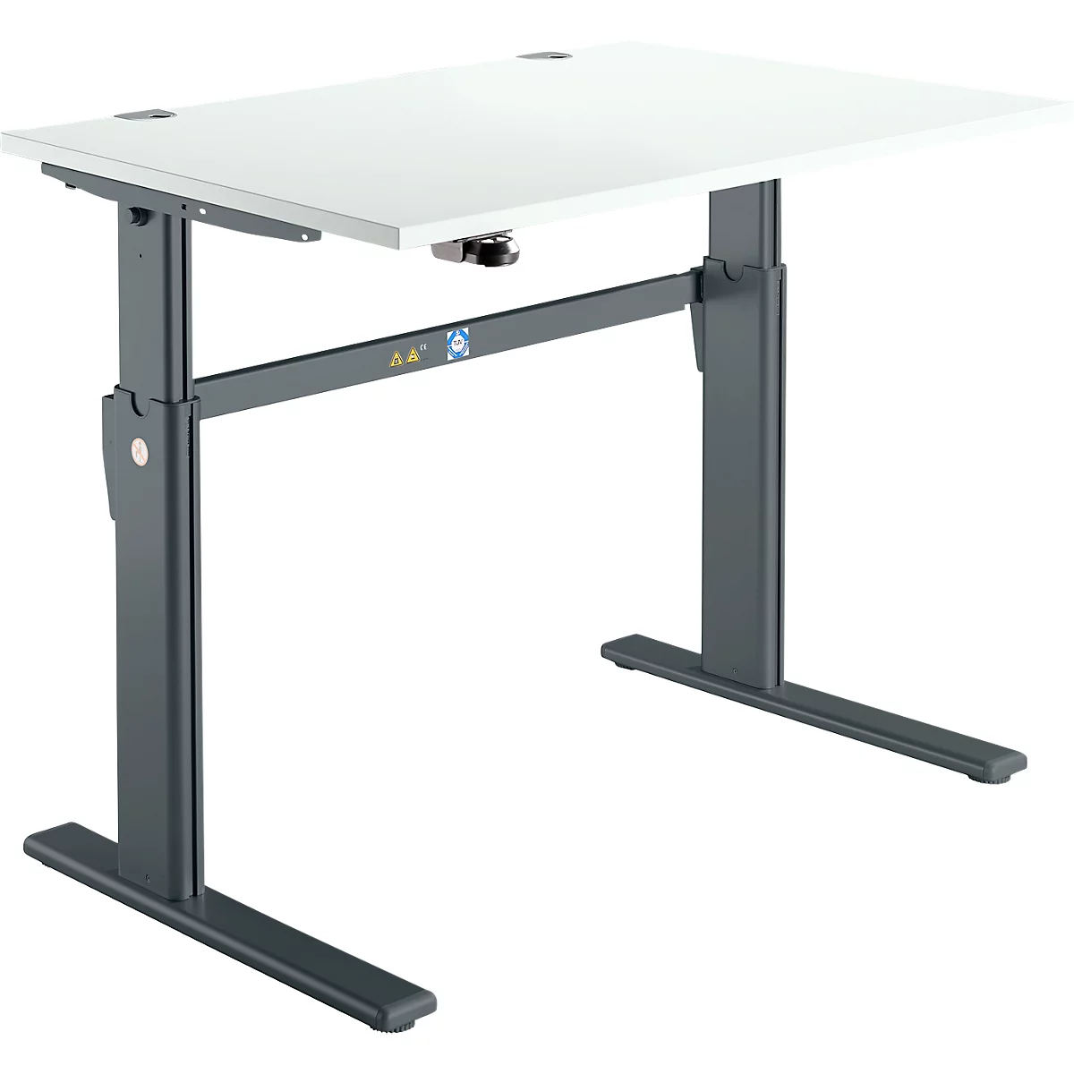 Height-adjustable desk with white tabletop and gray frame, shown in detail.