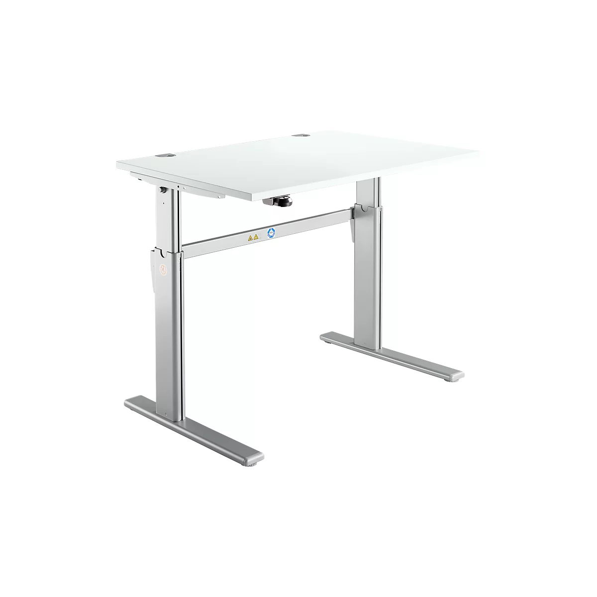 A white, height-adjustable desk with silver legs, against a white background.