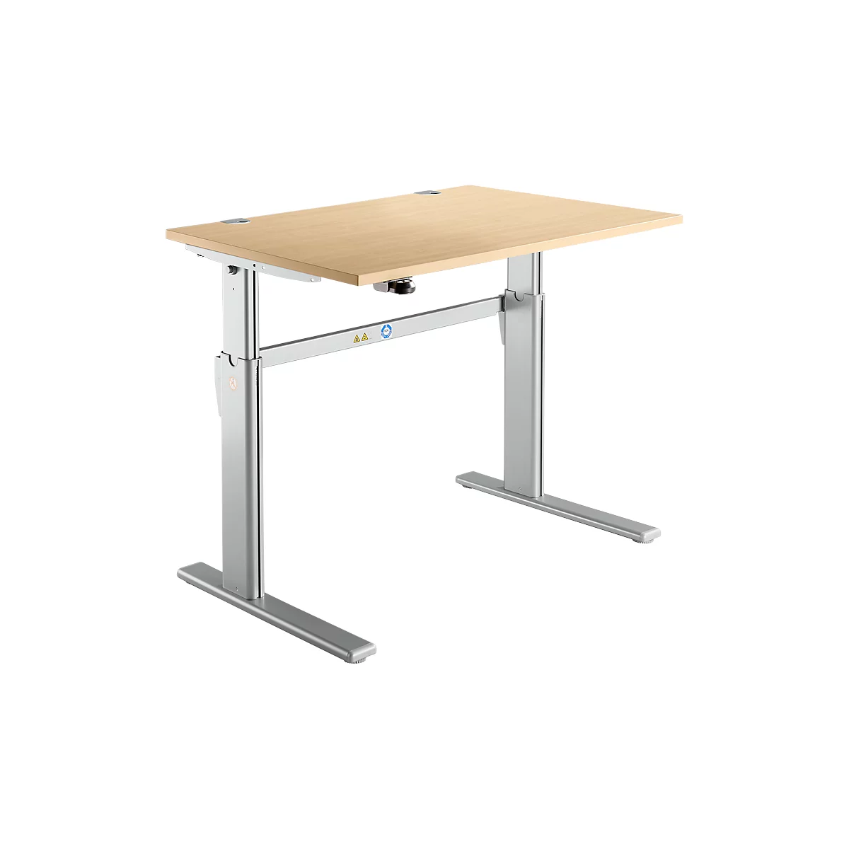 Height-adjustable desk with light brown tabletop and silver legs.