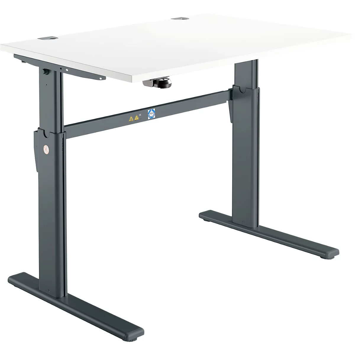 A height-adjustable desk with a white tabletop and gray frame, photographed at an angle from the front.