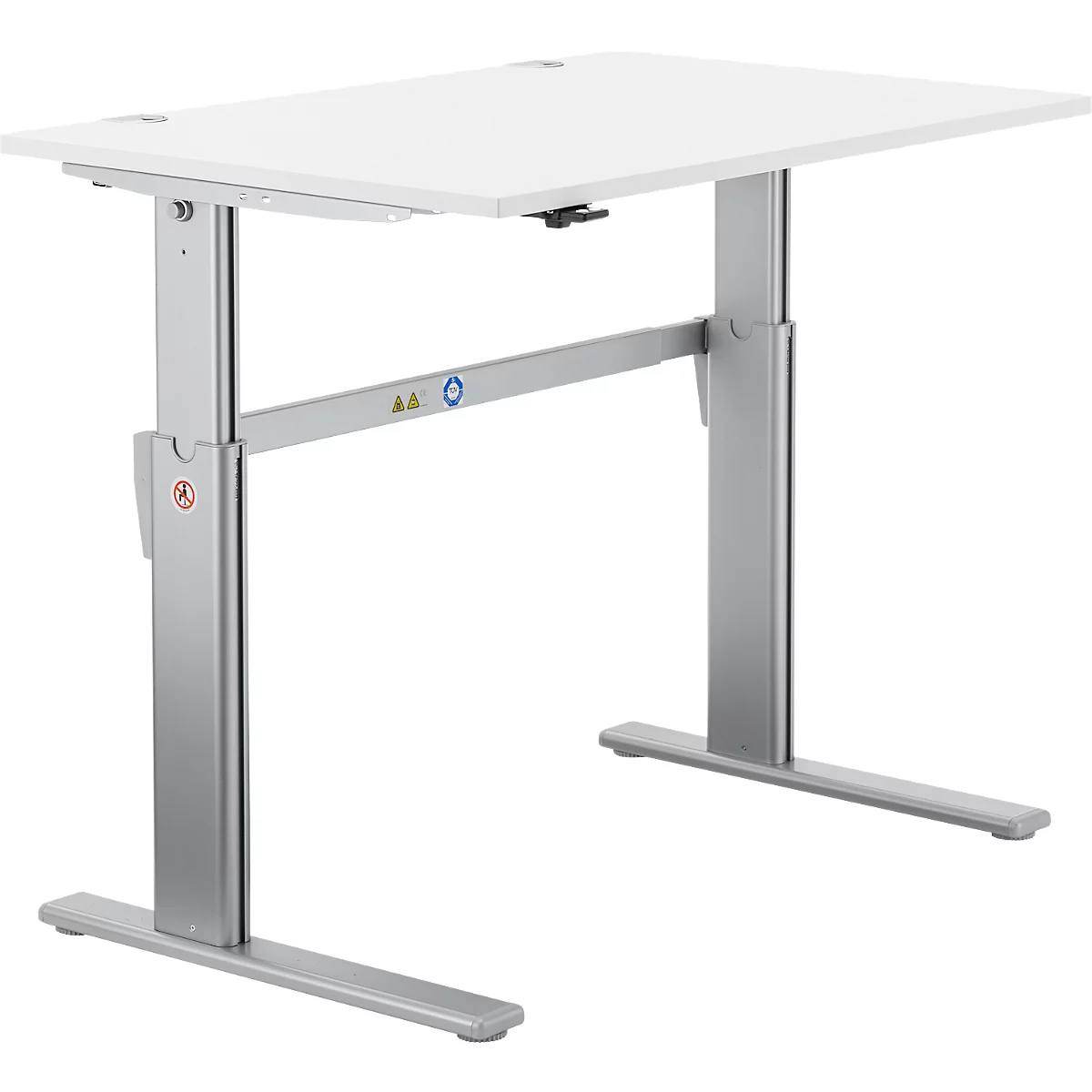 Standing desk in white and silver. The tabletop is white, the legs are silver.