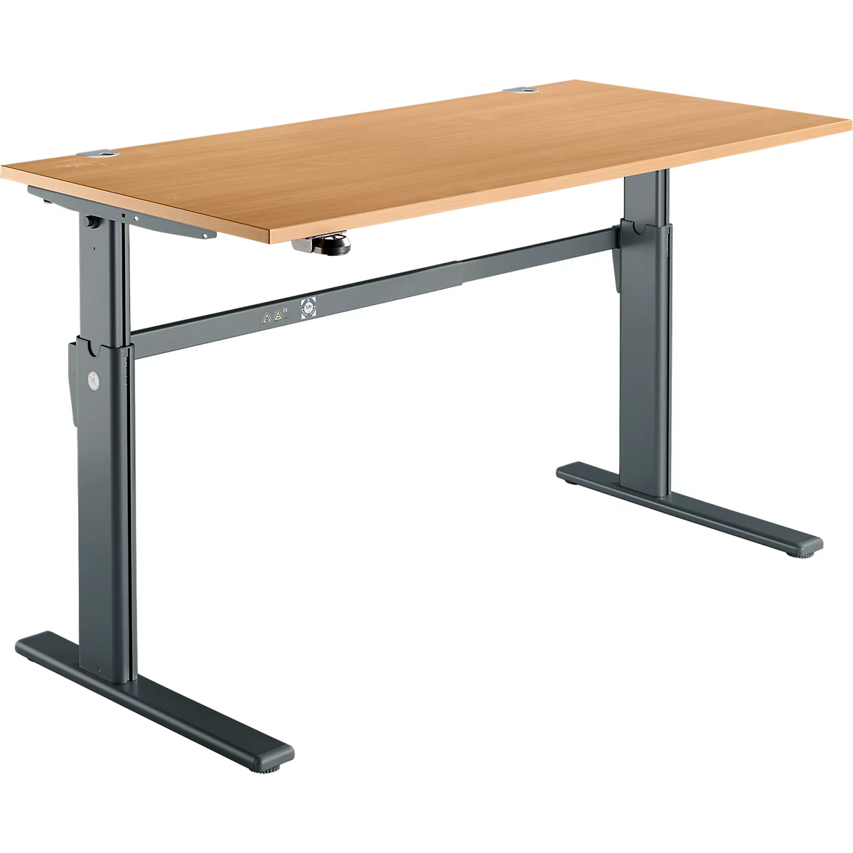 Height-adjustable wooden desk. The table legs are gray and have a rectangular shape.