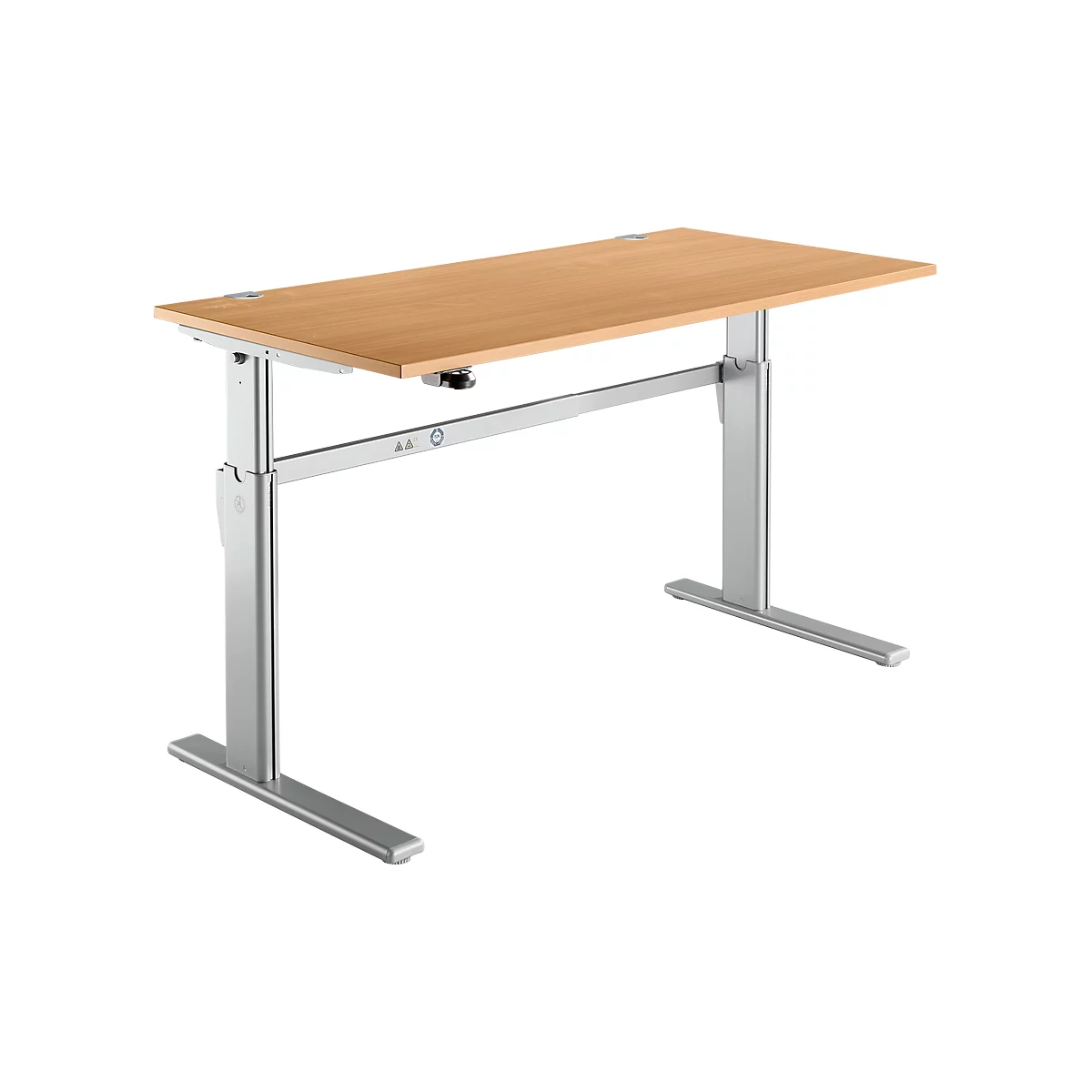 A height-adjustable desk with a light brown tabletop and silver legs, on a white background.