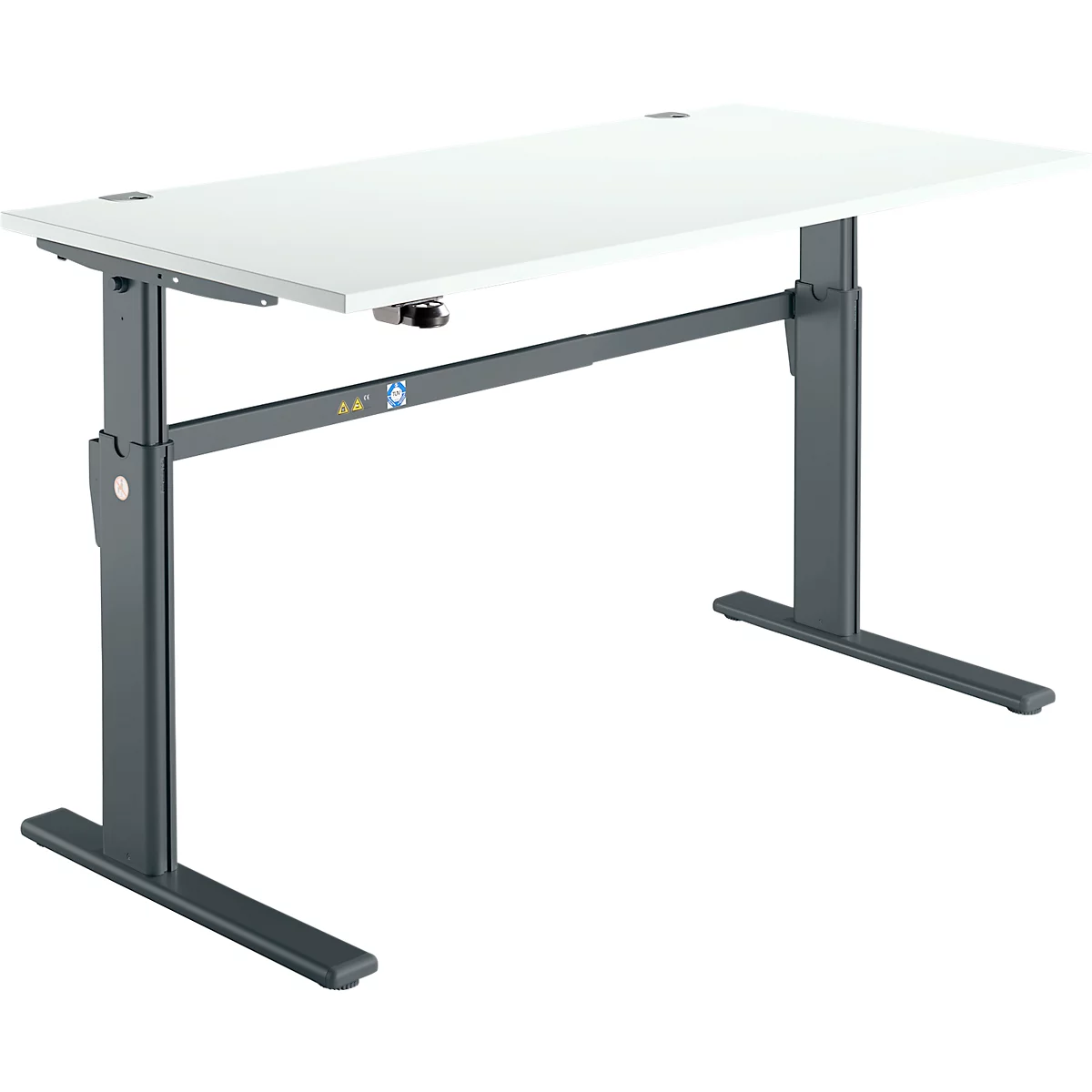 A height-adjustable desk with a white tabletop and gray frame, against a white background.