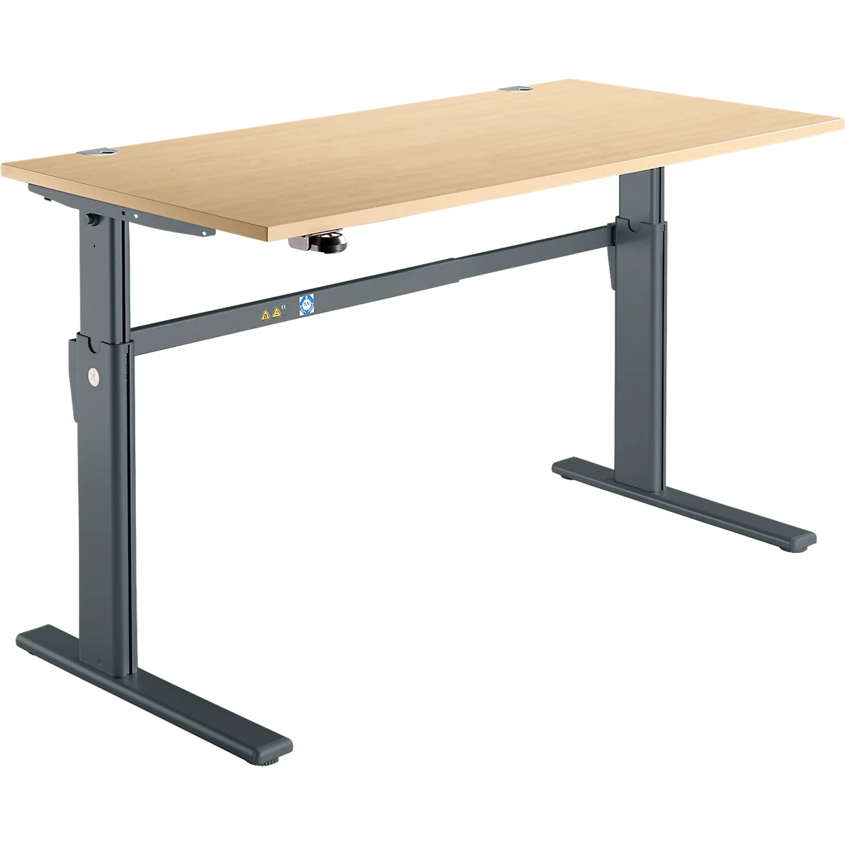Light brown desk with height-adjustable anthracite frame.