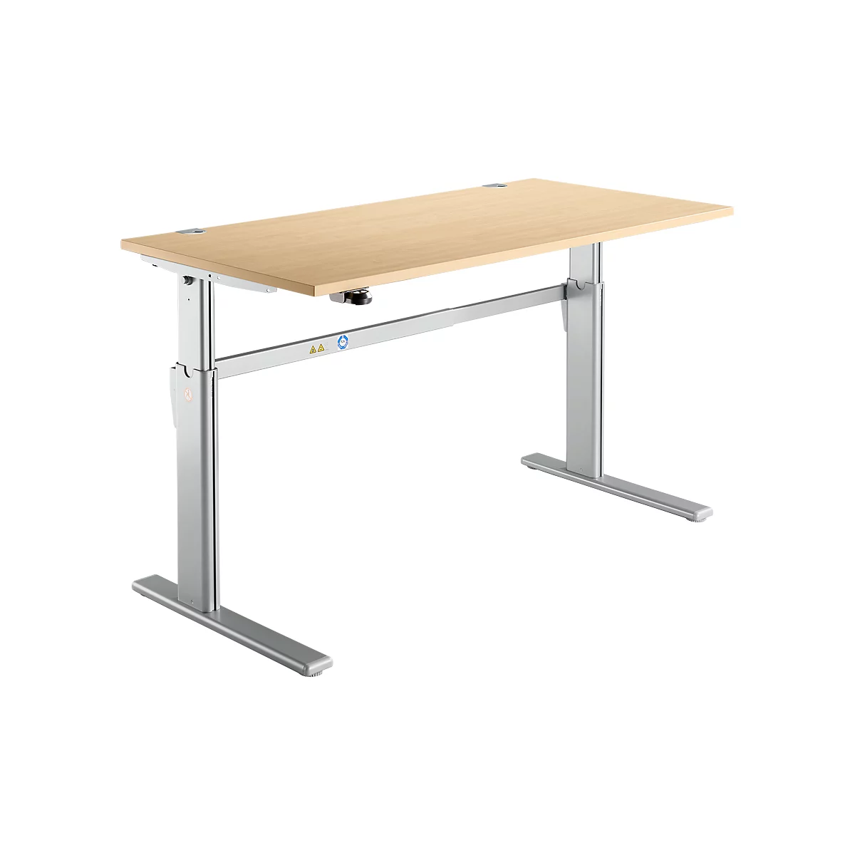 Height-adjustable desk with a light wood top and silver frame.