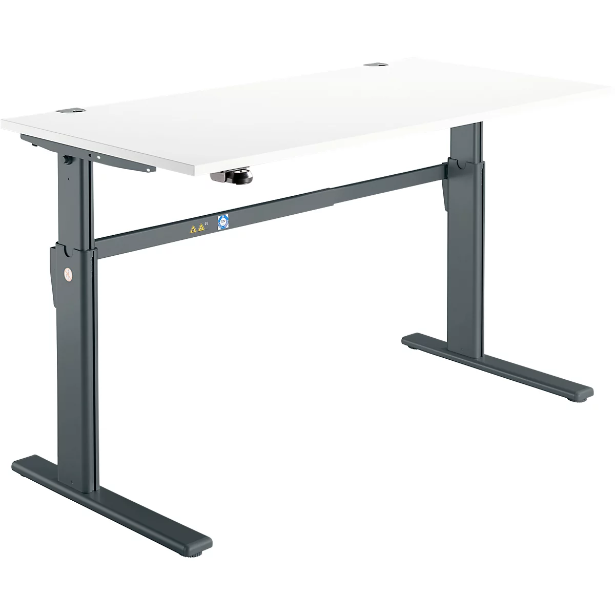 A white, height-adjustable desk with grey legs and a dark metal frame.