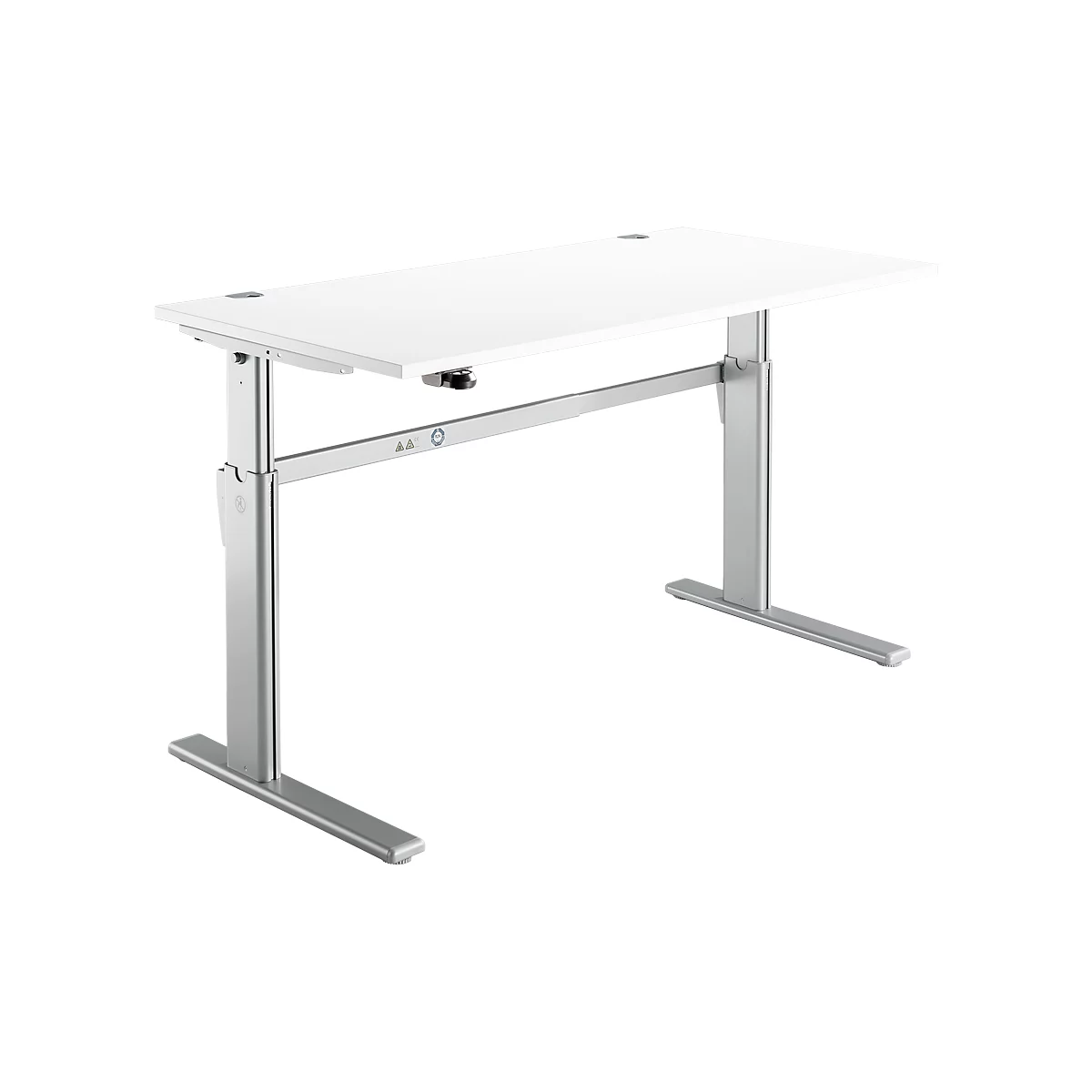 A white, height-adjustable desk with silver legs. The tabletop is rectangular and stands on two metal legs.