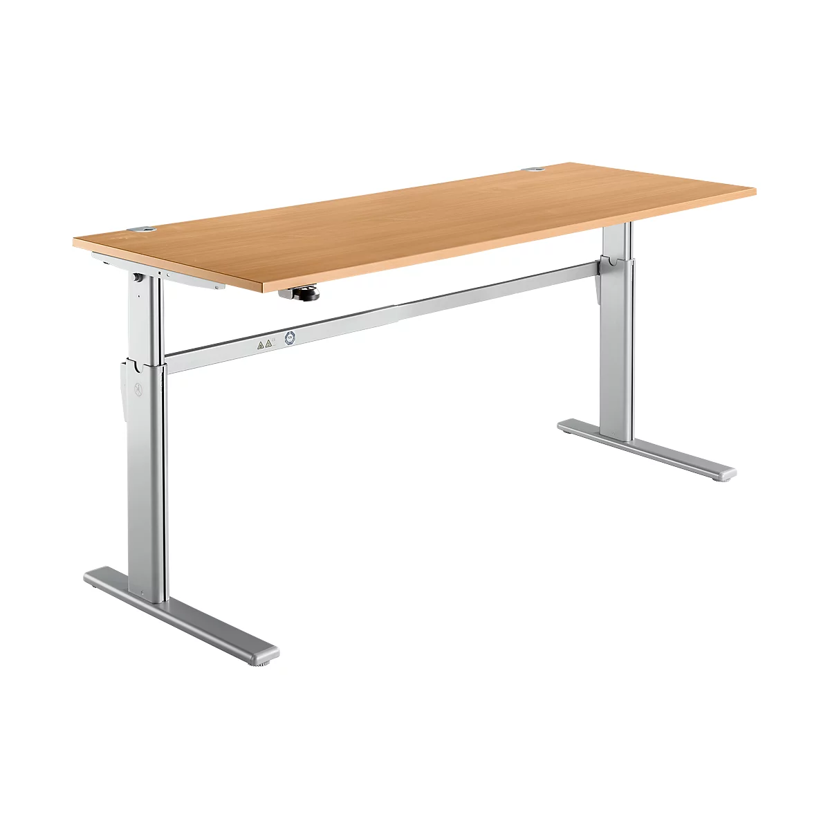 Height-adjustable wooden desk with silver metal legs against a white background.