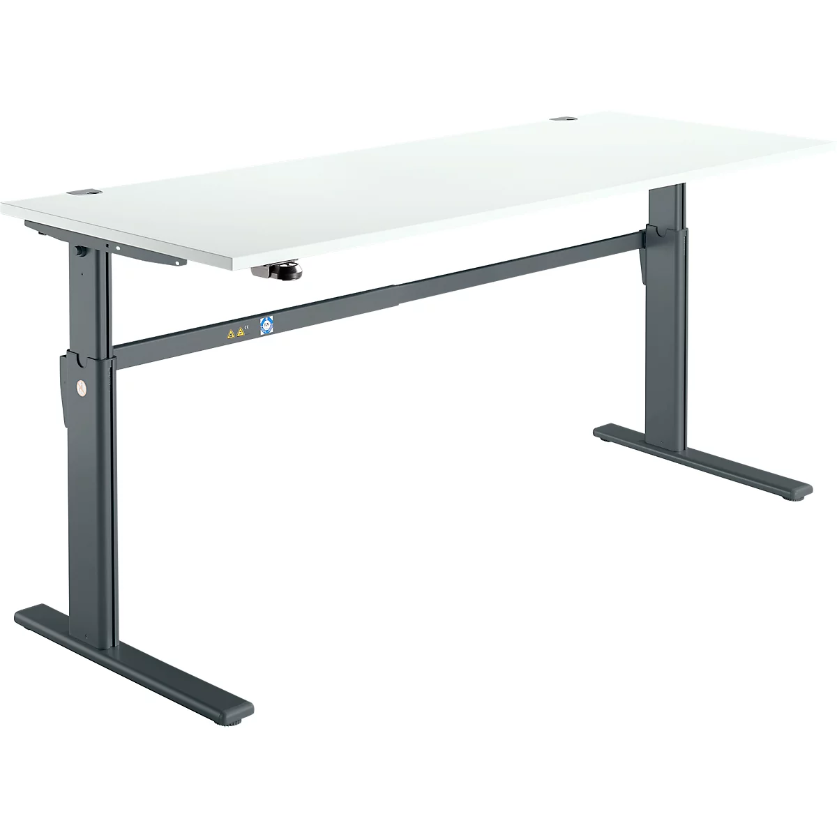 A white, height-adjustable desk against a white background. Dark gray frame, angular table legs.