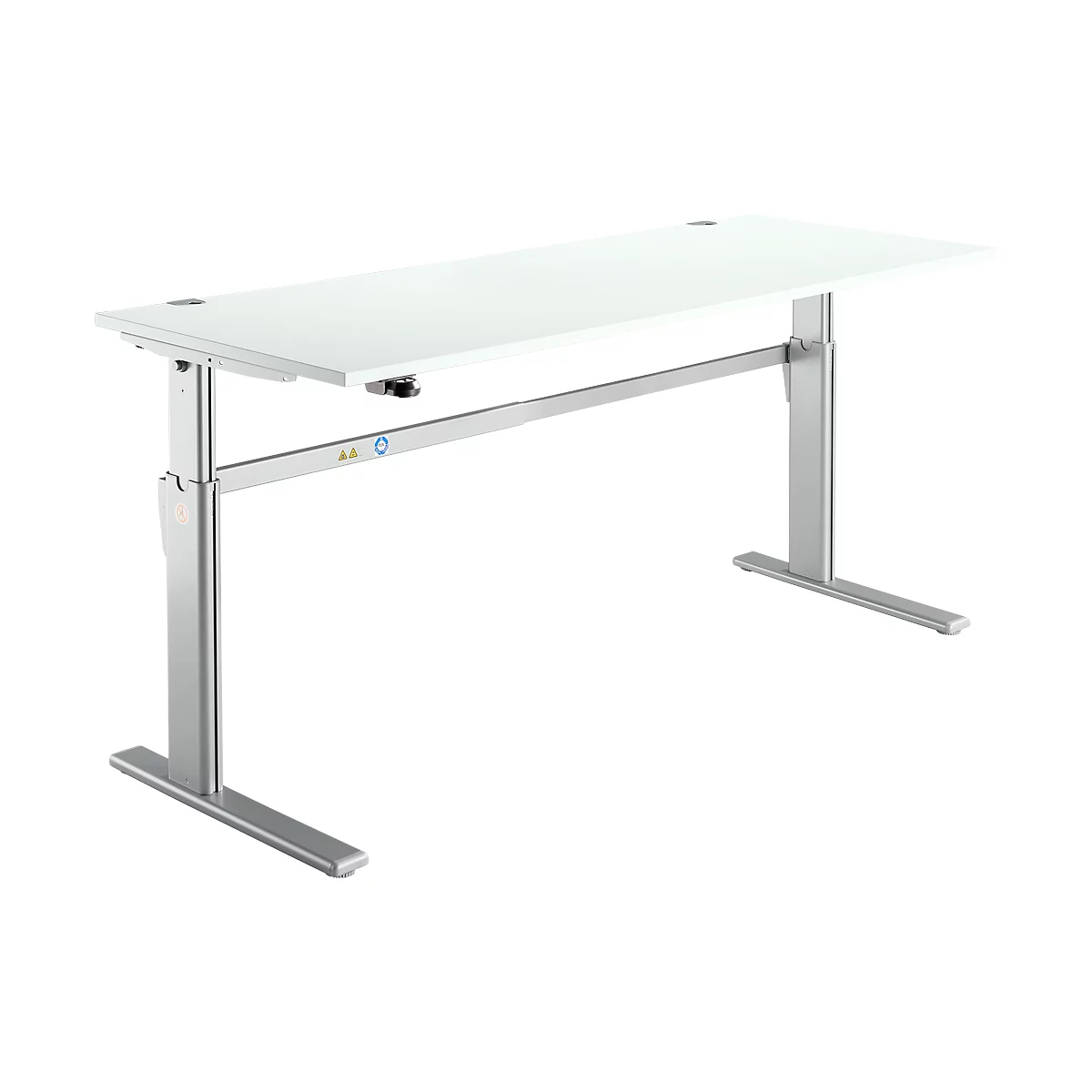 A white height-adjustable desk with silver legs. The desk is empty, against a white background.