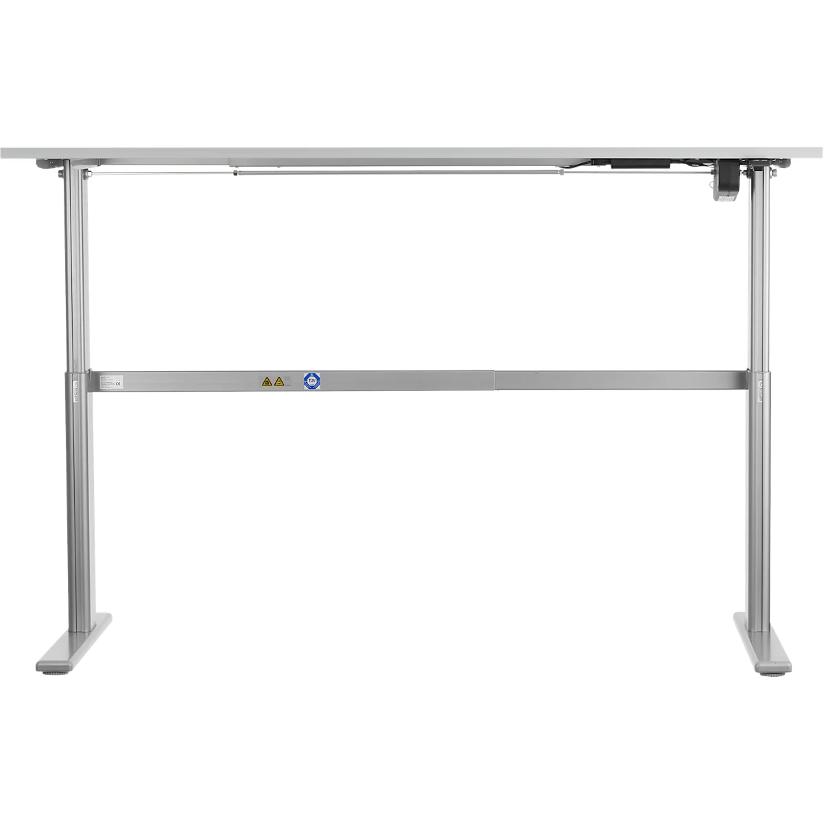 A height-adjustable, silver desk with two legs, a tabletop, and a crossbeam.