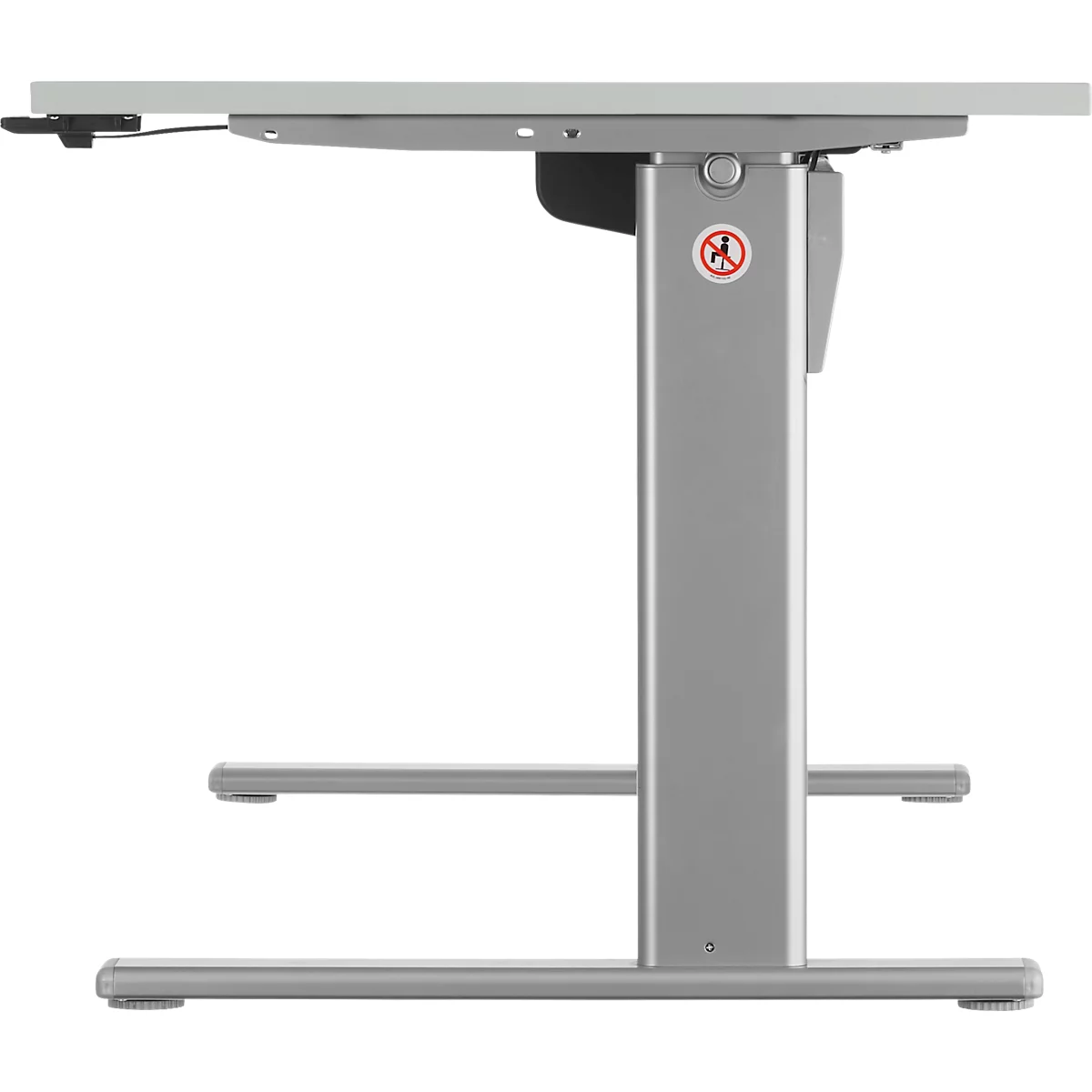A silver height-adjustable desk. The desk frame has a rectangular base and a column. The table top is light gray.