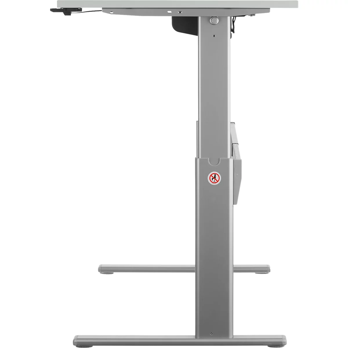 A height-adjustable, silver desk on a white background. The tabletop is light gray.