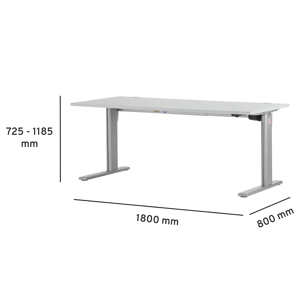 A gray, height-adjustable desk with dimensions: 1800 mm long, 800 mm wide, 725-1185 mm high.