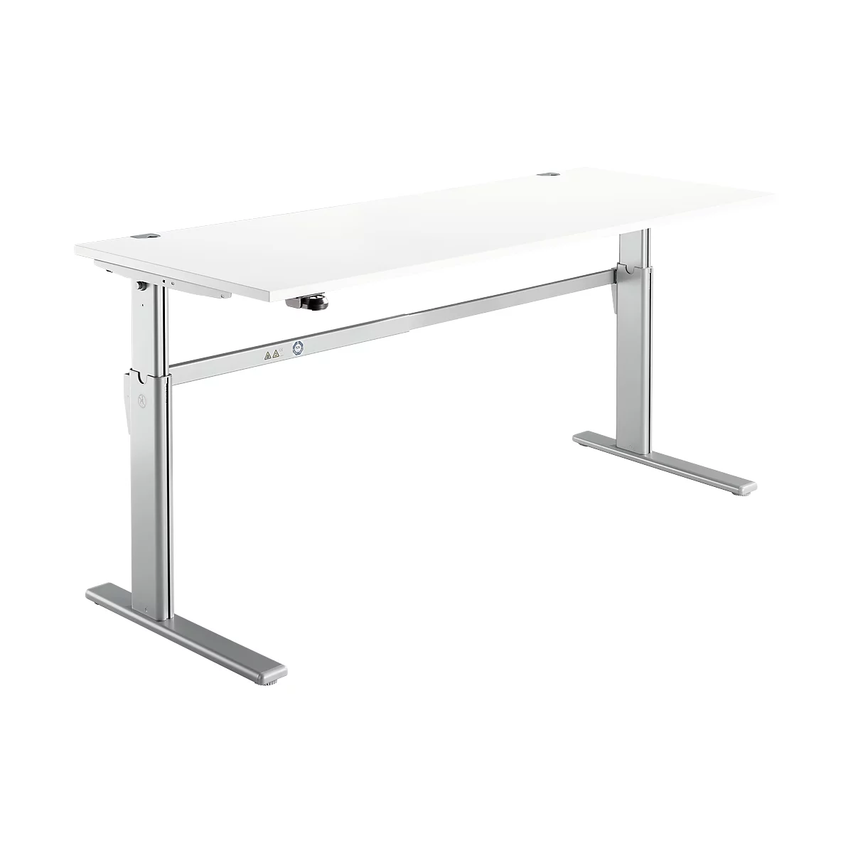 A height-adjustable desk with a white tabletop and silver legs. The desk is photographed from the front.