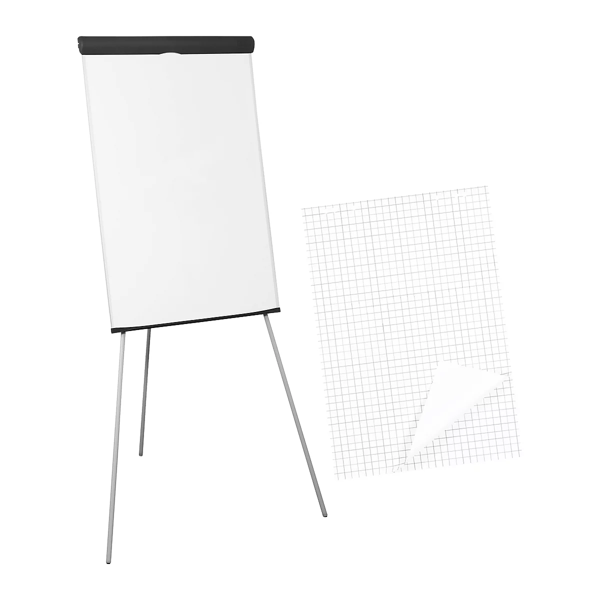 A white flip chart on a three-legged stand next to a grid paper pad. Both against a white background.