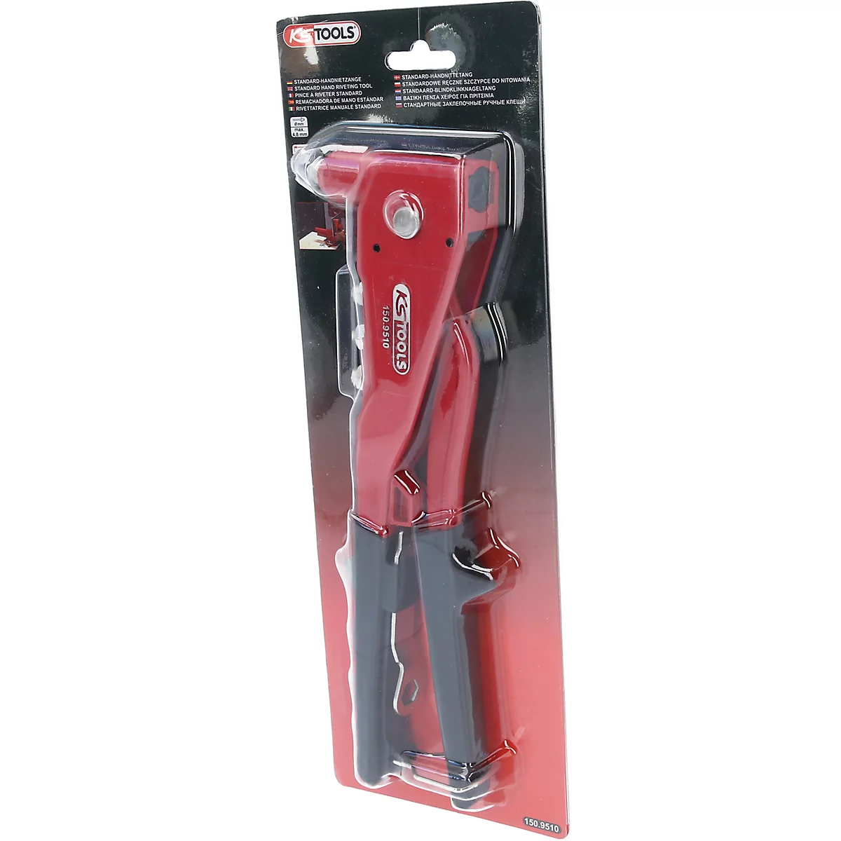 Eine Nietzange, rot-schwarz verpackt. Der Name KS TOOLS ist zu sehen.