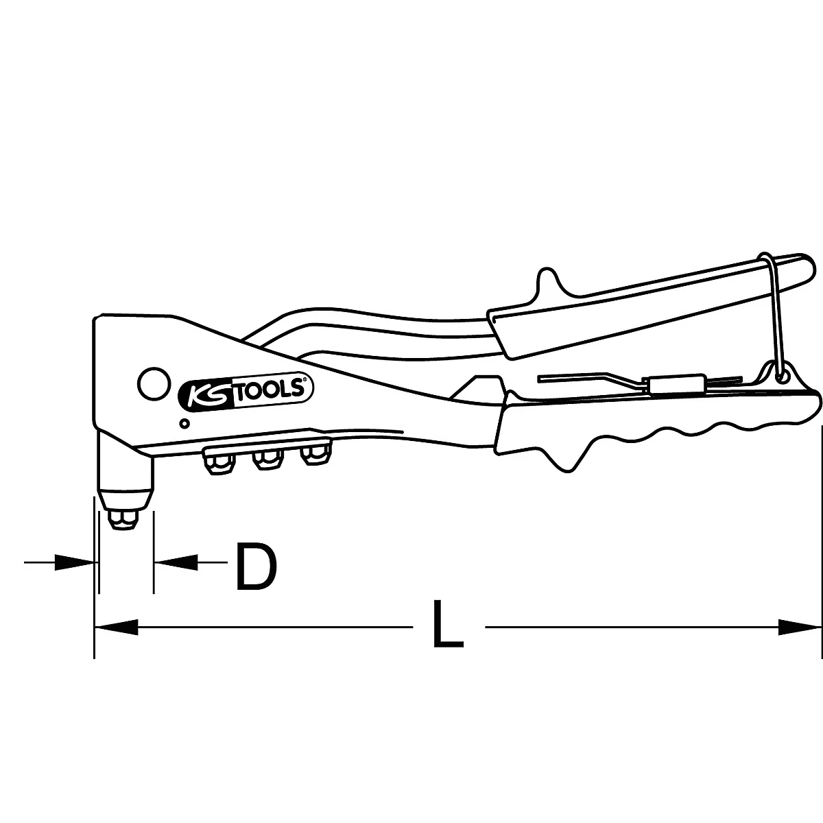Ansicht eines Nietgeräts mit dem Logo "KS TOOLS", neben den Abmessungen D und L angegeben.