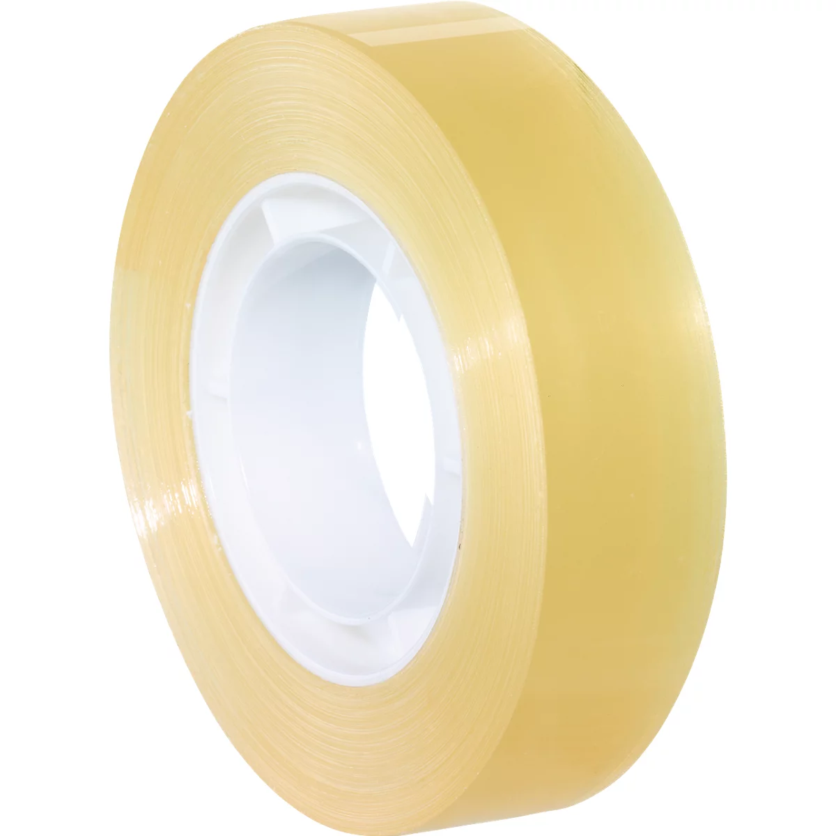 Eine Rolle transparentes Klebeband, auf einem weißen Kern. Das Klebeband ist gewickelt.