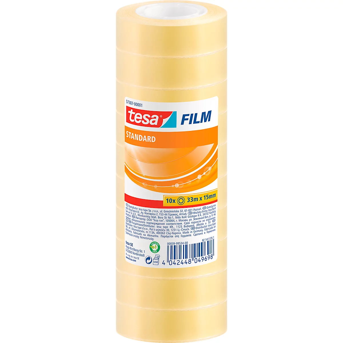 Ein Klebeband von Tesa Film Standard. Der Aufdruck zeigt den Markenname, Produktname und Produktdetails. Der Hintergrund ist gelb.