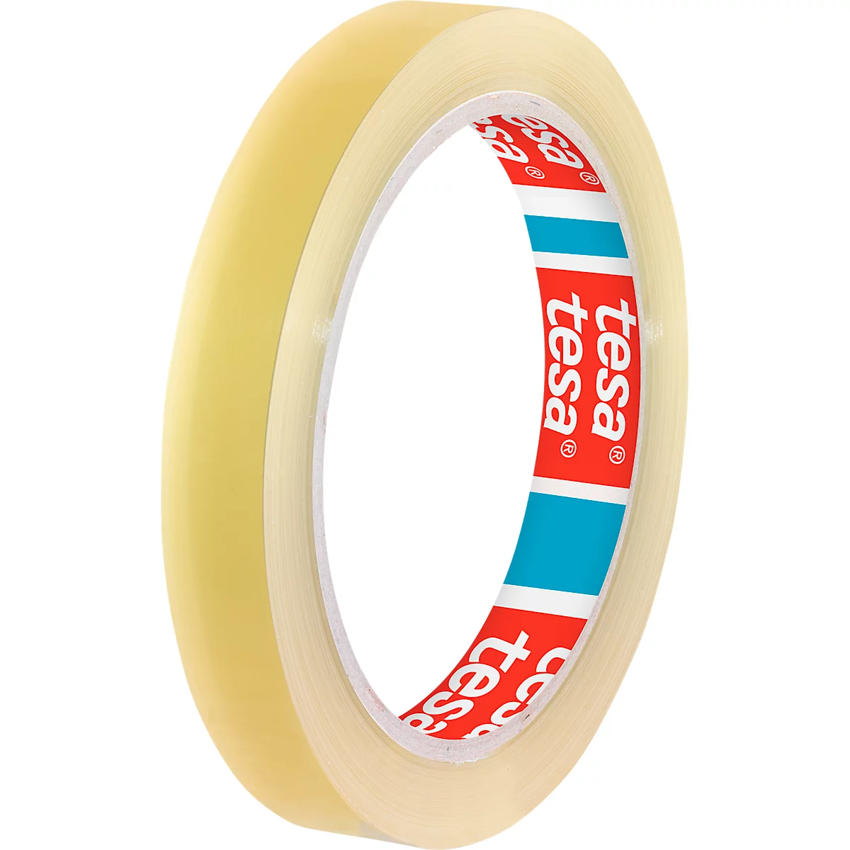 Eine Rolle durchsichtiges Klebeband mit rotem und blauem Logo. Der Schriftzug "tesa" ist deutlich erkennbar.