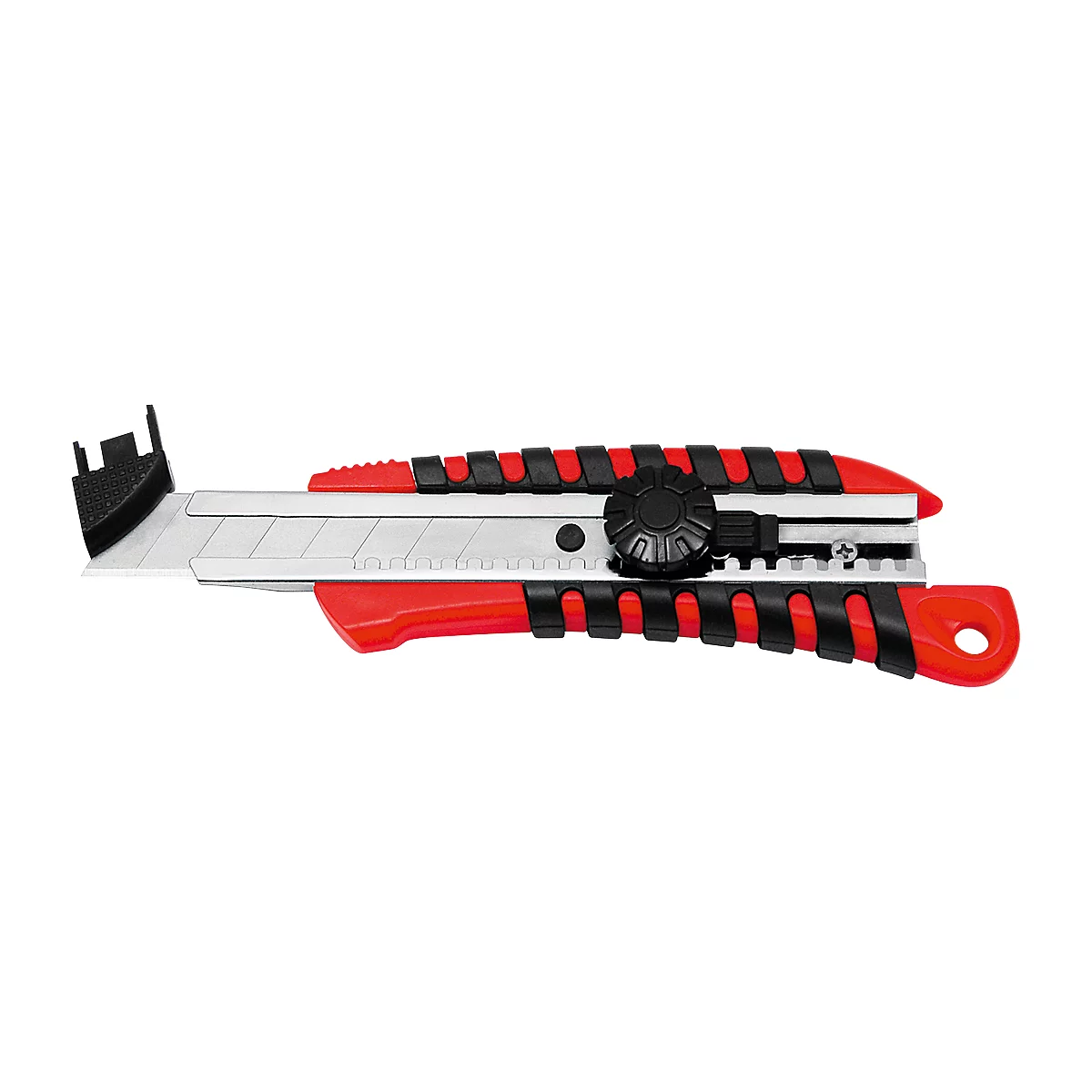A red and black utility knife, lying on a white surface. It has a silver blade.