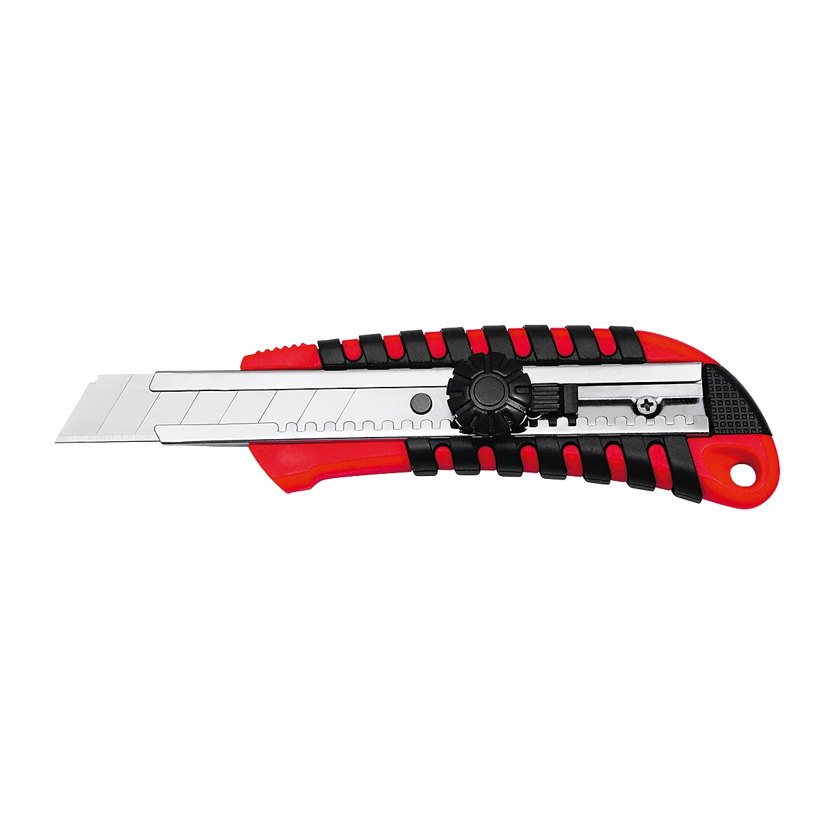 A red and black utility knife rests against a white background. The blade is metal and protrudes from the handle.