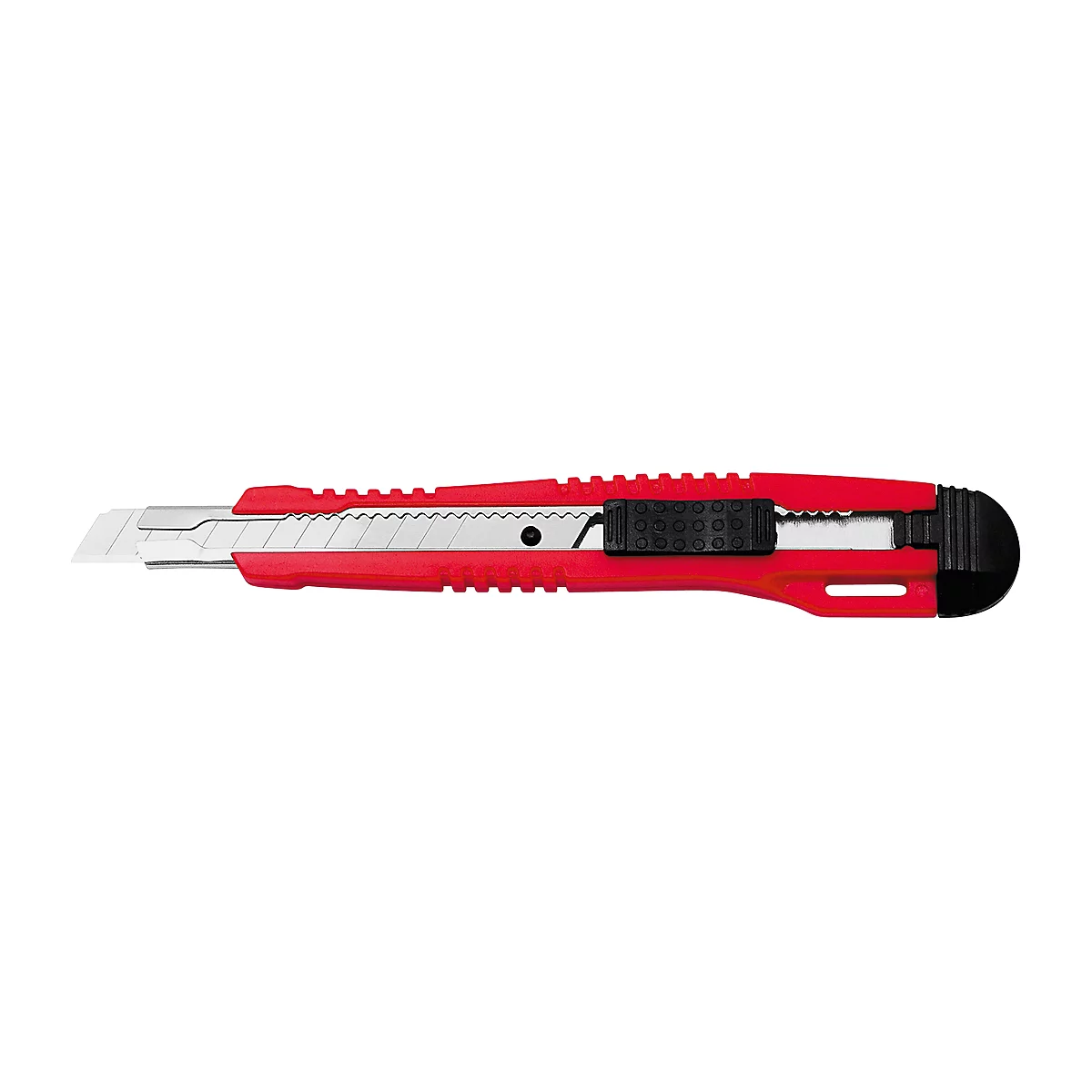 A red utility knife lies horizontally. The blade is silver, the handle red with a black element for blade adjustment.