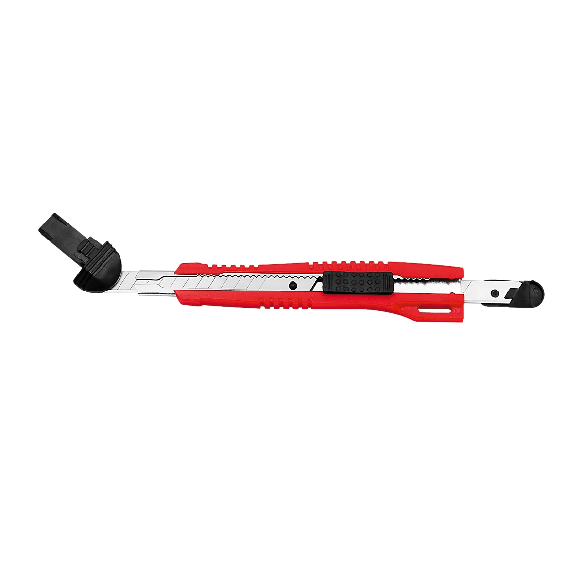 A red utility knife rests against a white background. Details are visible.