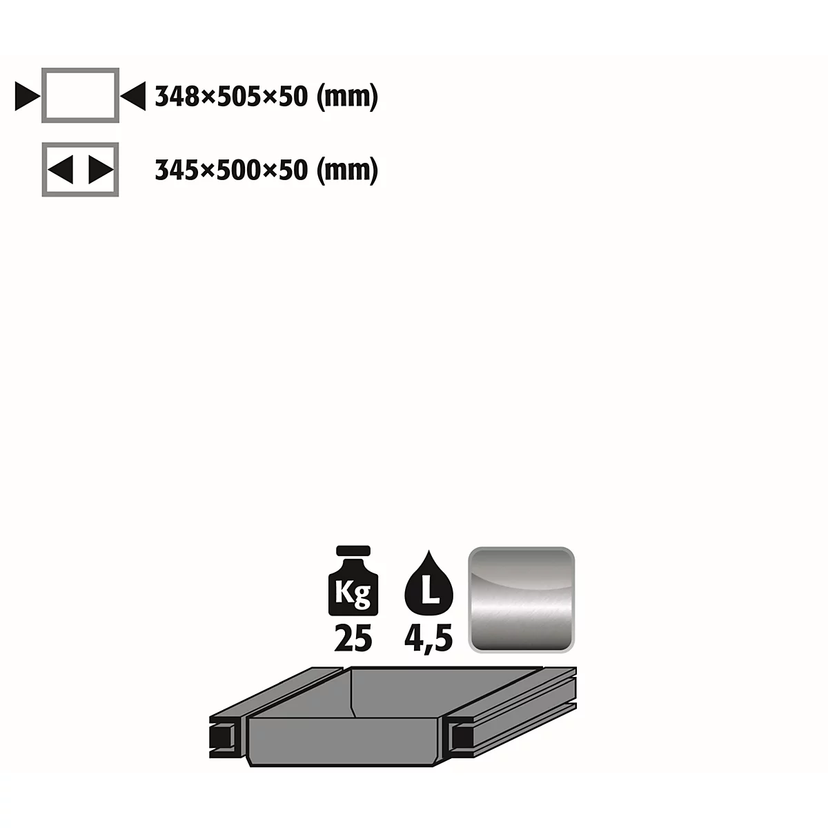 Grey product illustration with dimensions, weight, volume and symbols.