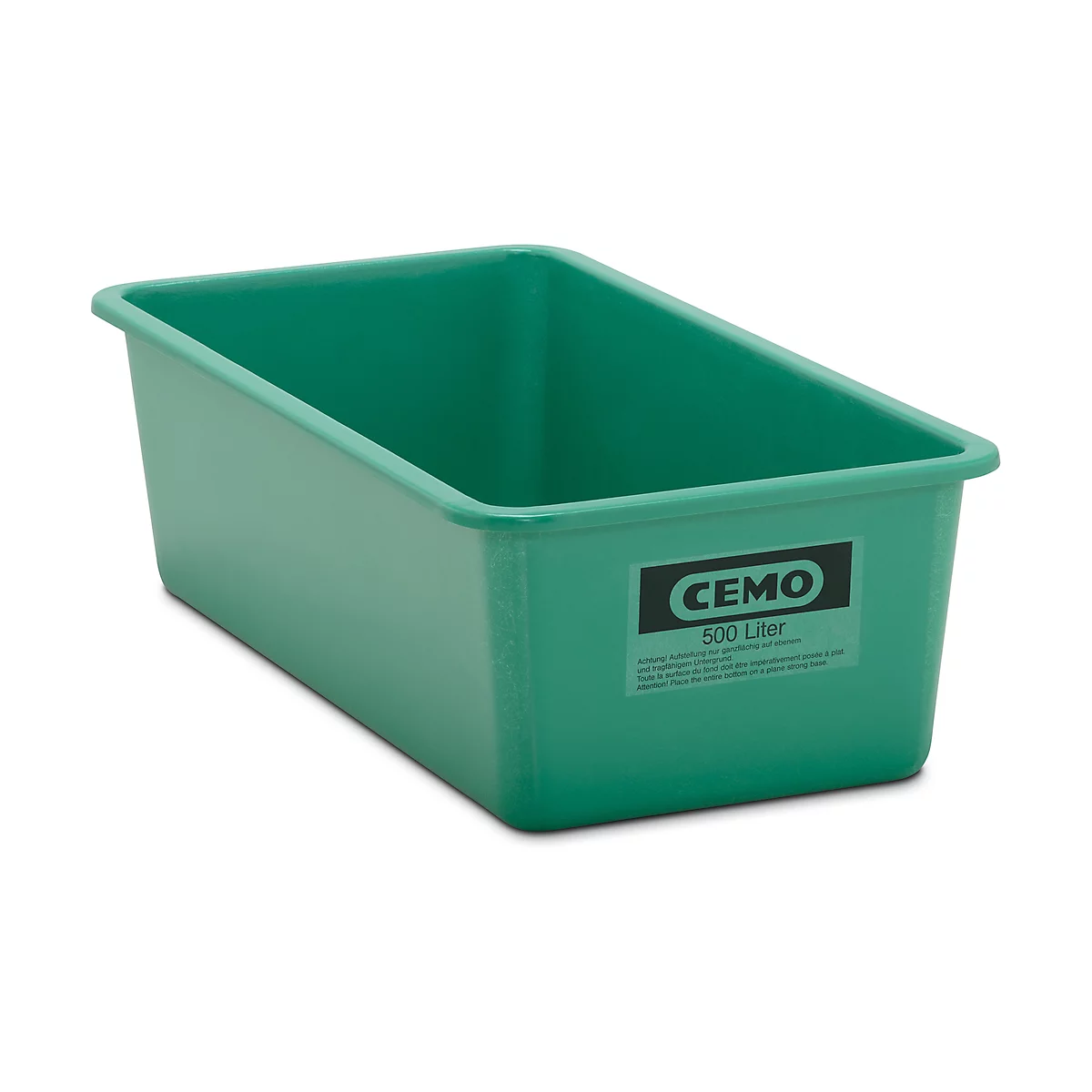 Green rectangular trough, the label shows the Cemo brand and a capacity of 500 liters.