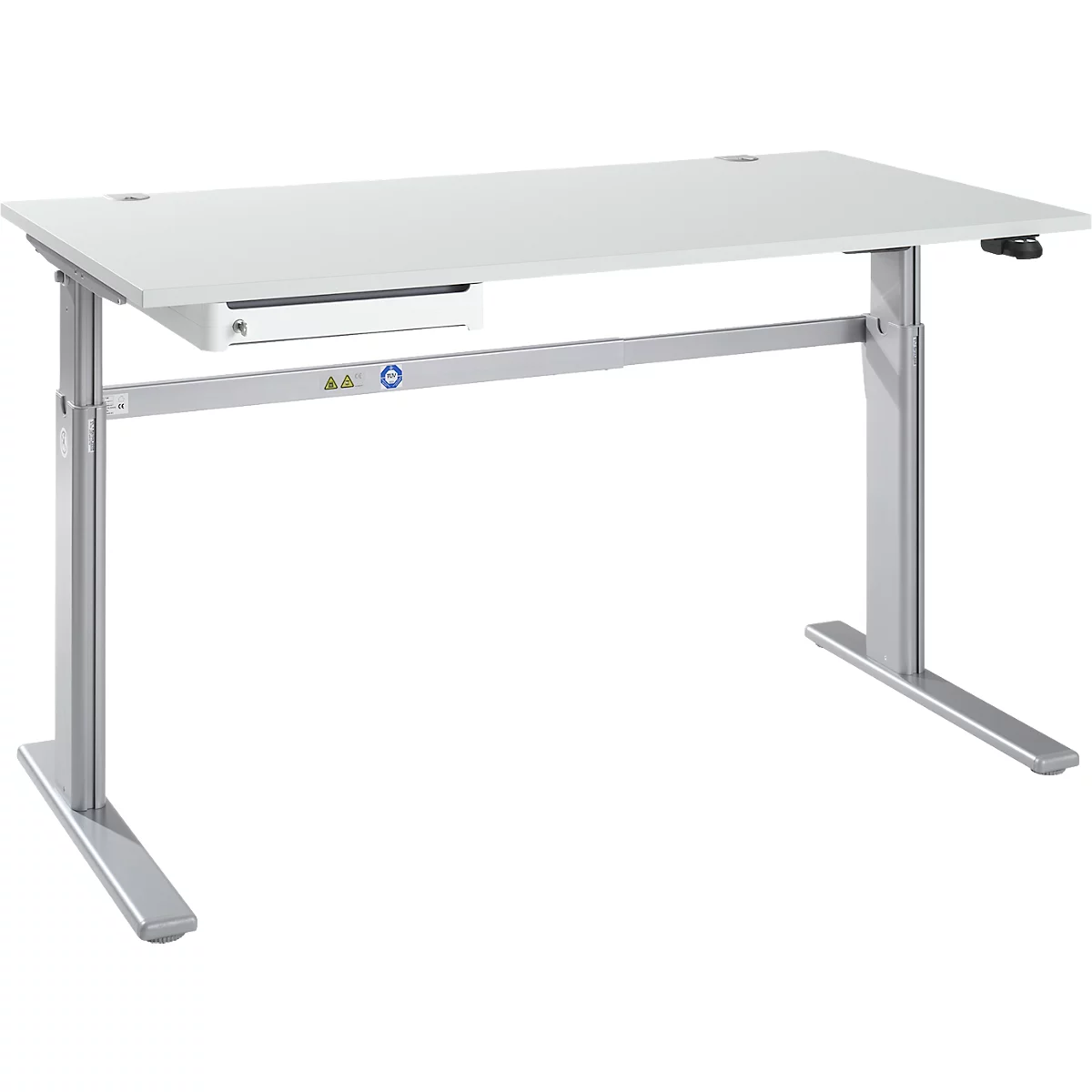 STANDARD schrijftafel, elektrisch in hoogte verstelbaar, B 1600 mm, aluminium lichtgrijs/wit + OrgaWork lade