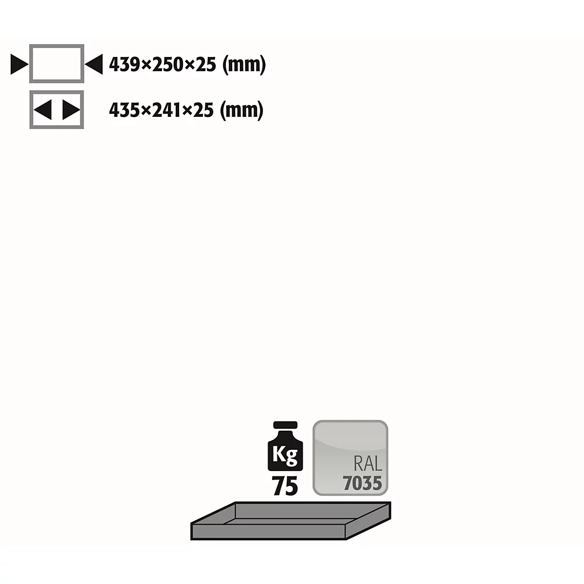 Text with dimensions and weight. At the bottom a gray plate with a white background. Dimensions: 439x250x25 (mm), 435x241x25 (mm). Weight: 75 kg. Color RAL 7035.