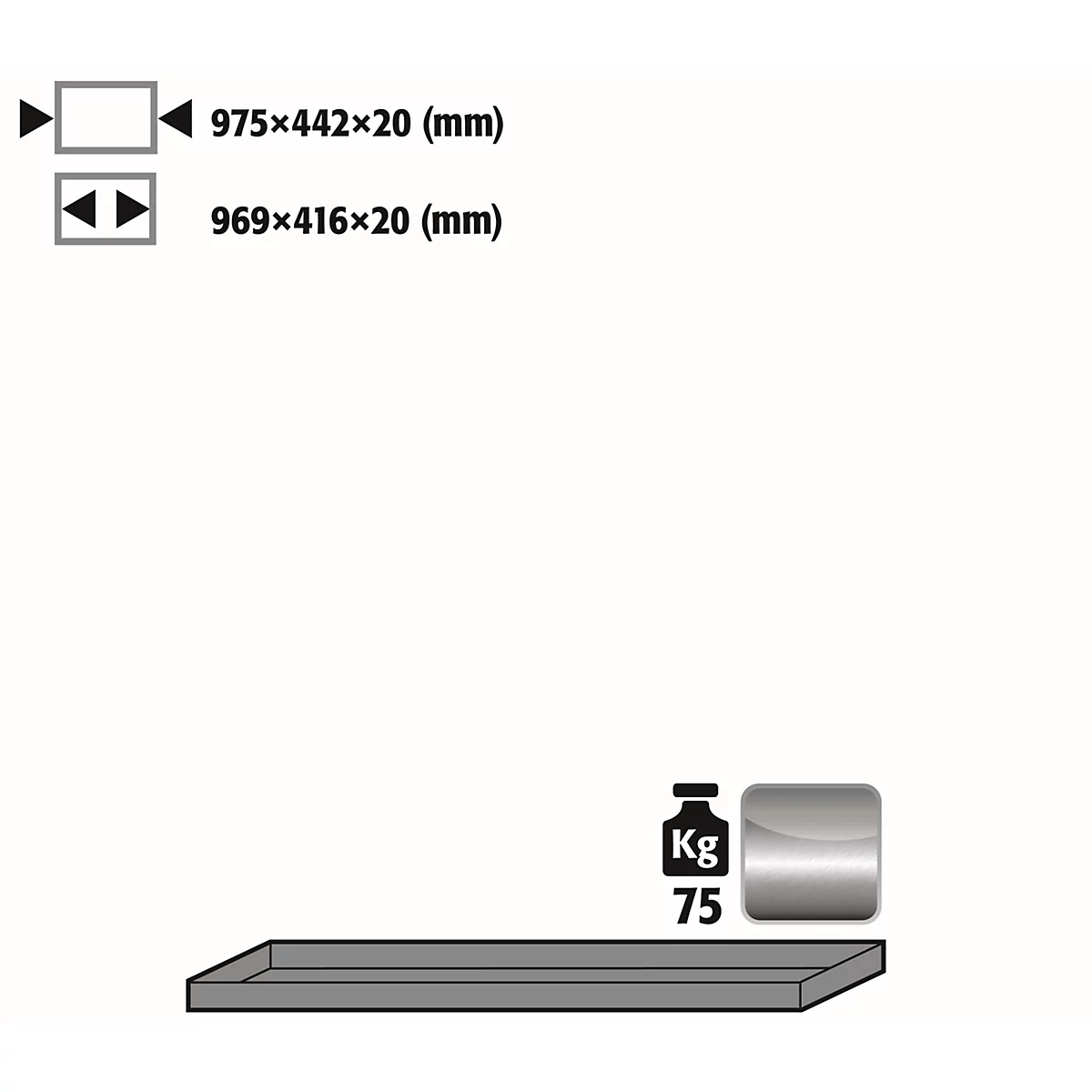 Gray rectangular shelf with dimensions and weight indication 75 kg.