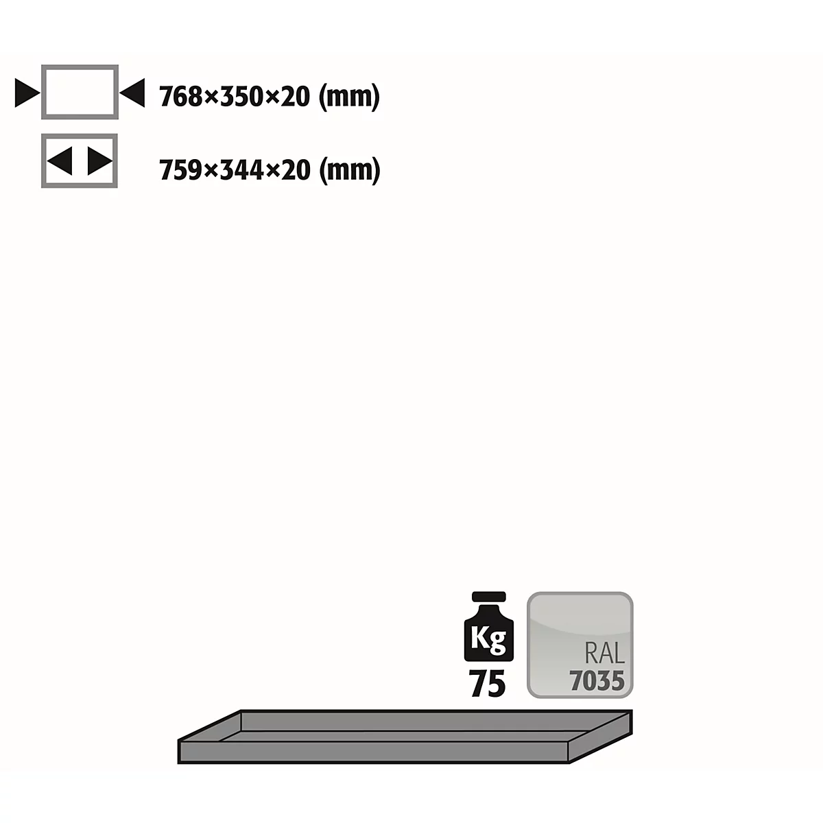 The image shows product size and specifications information, including dimensions and weight. A rectangle with RAL 7035.