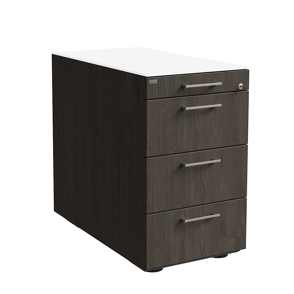 Standcontainer SOLUS PLAY, 1 Utensilienauszug, 3 Schübe, Tiefe 800 mm, mit Griff, Mooreiche