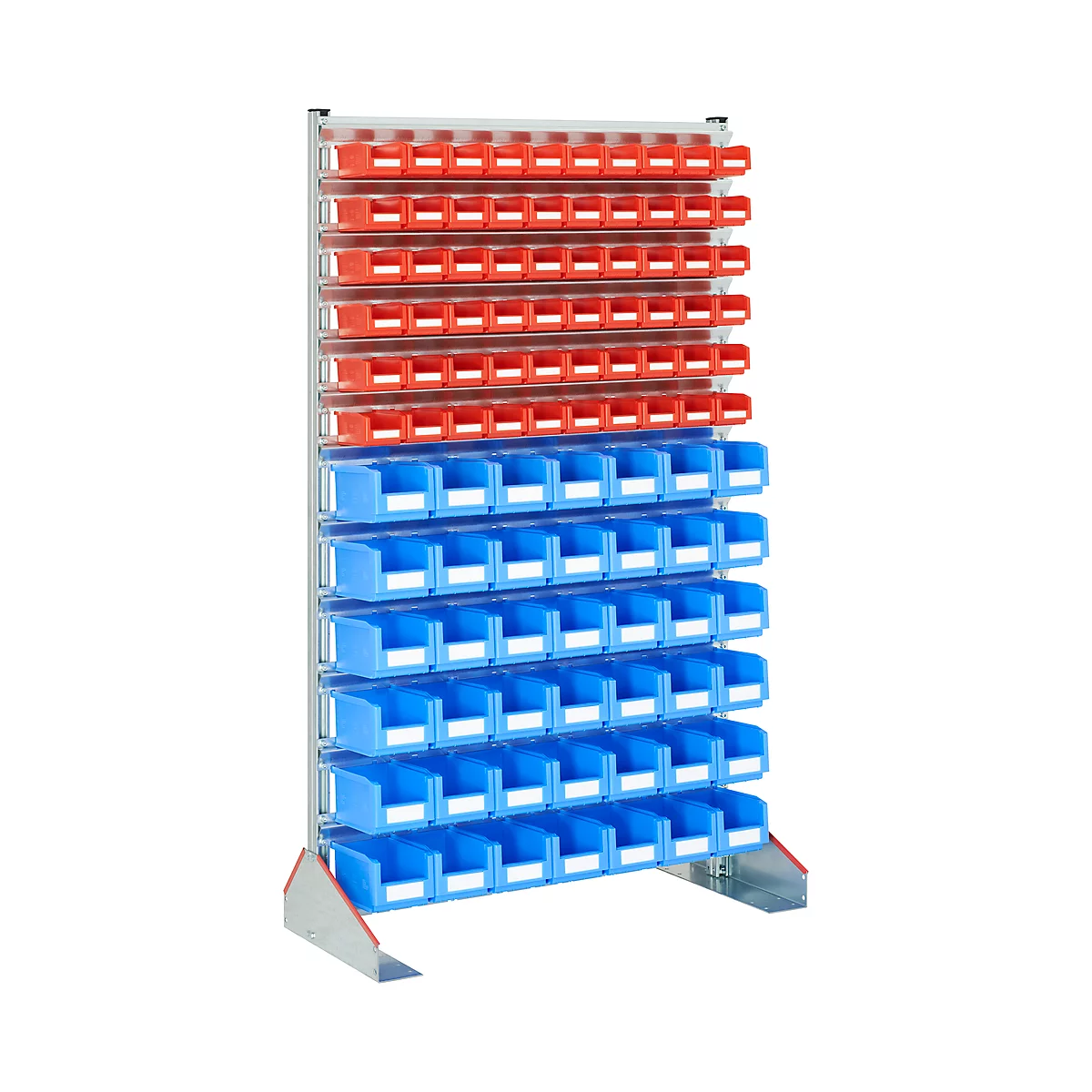 Shelf with red and blue storage boxes.
