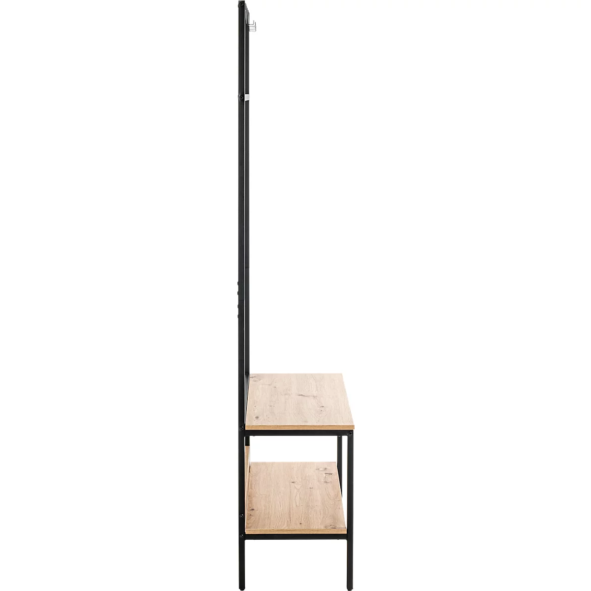Schwarzes Metallregal mit Holzplatten. Eine obere Stange mit Haken, darunter zwei Regalböden.