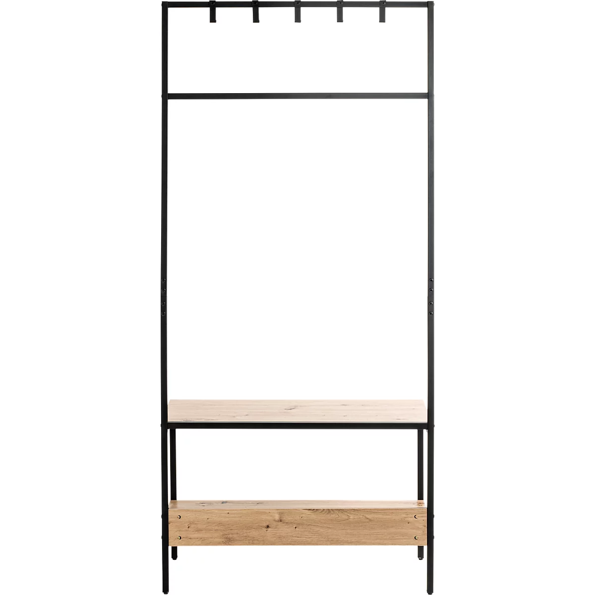 Schwarze Garderobe mit Haken, Stange und Ablagen aus Holz, freigestellt.