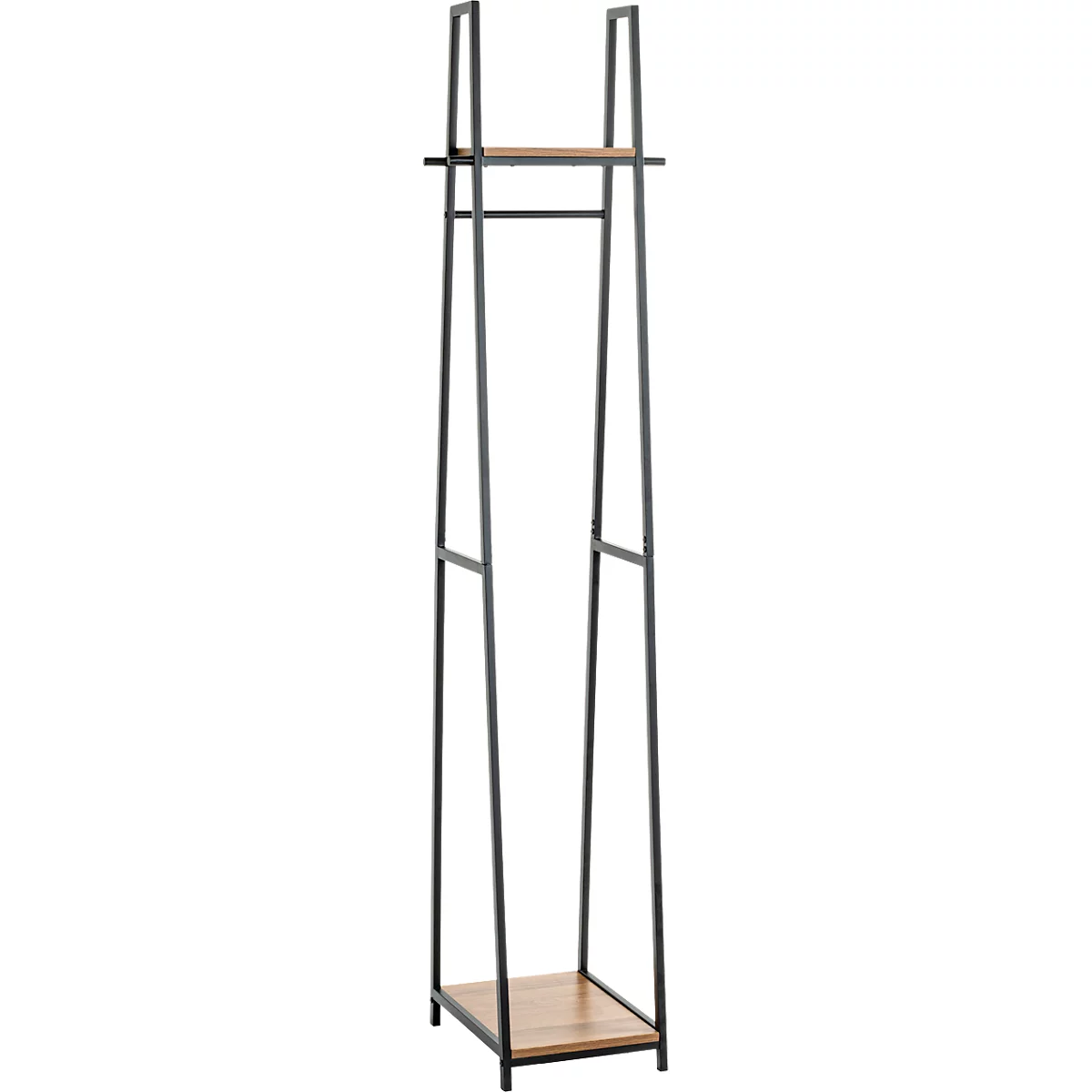 Kleiderständer aus Metall mit Ablage und Kleiderstange aus Holz. Schwarzes Metallgestell, Holzablage, heller Hintergrund.