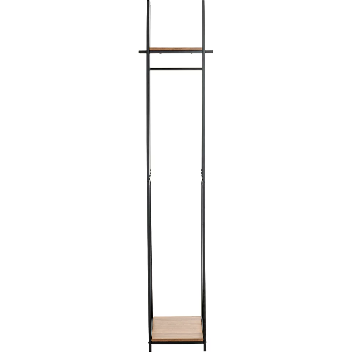 Offene Kleiderstange mit schwarzem Metallgestell und Holzregal.