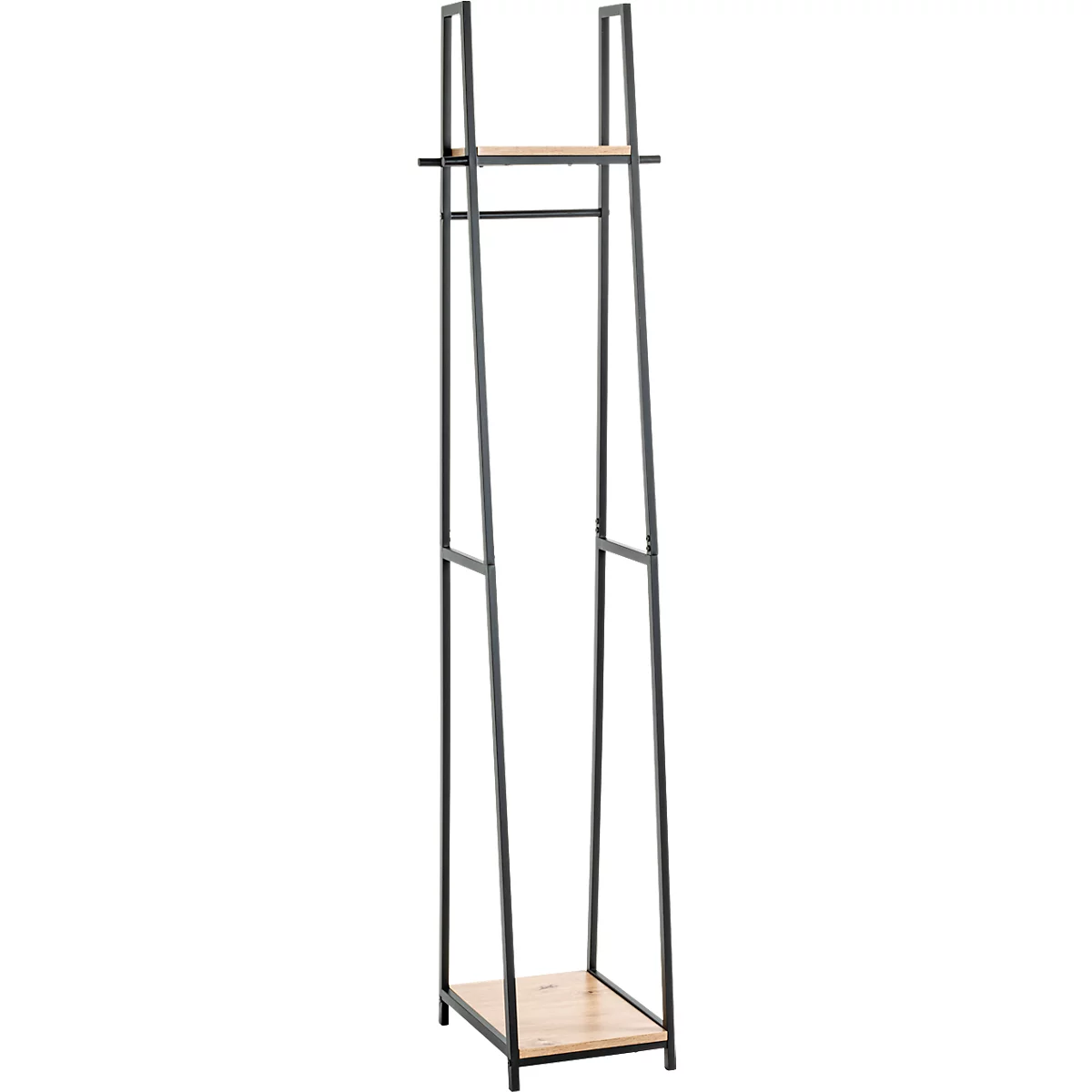 Kleiderständer aus Metall mit Holzablage und Stange.
