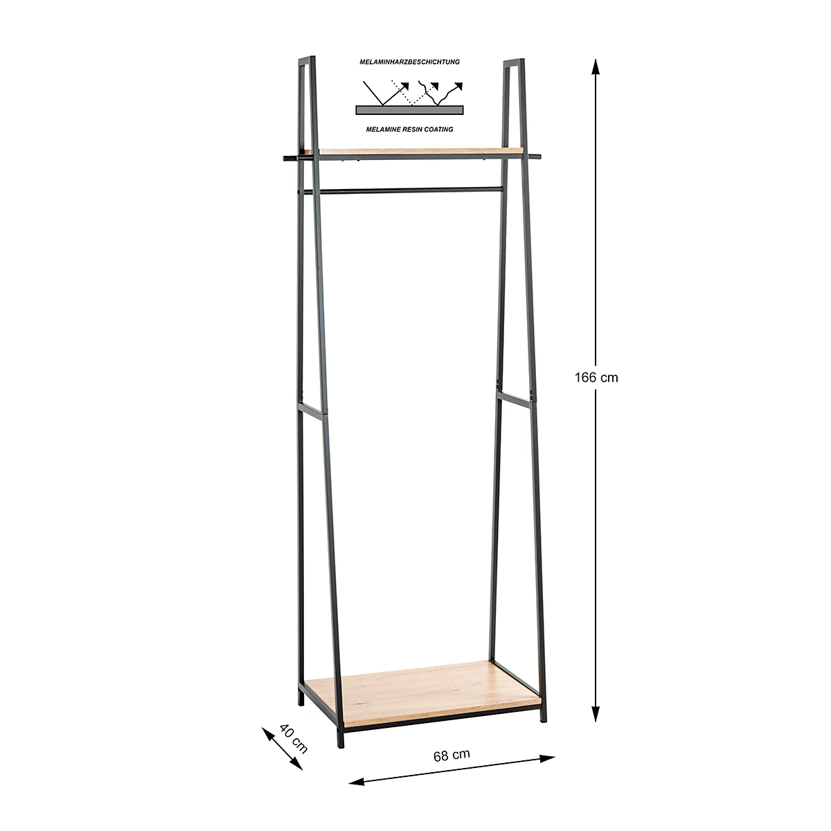 Schwarze Kleiderstange mit Holzböden, Maßangaben: 166cm hoch, 68cm breit, 40cm tief.