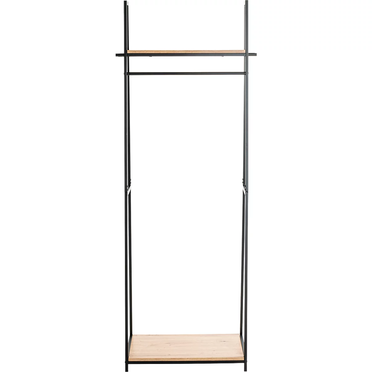 Kleiderständer mit schwarzem Metallgestell und hellen Holzablagen.