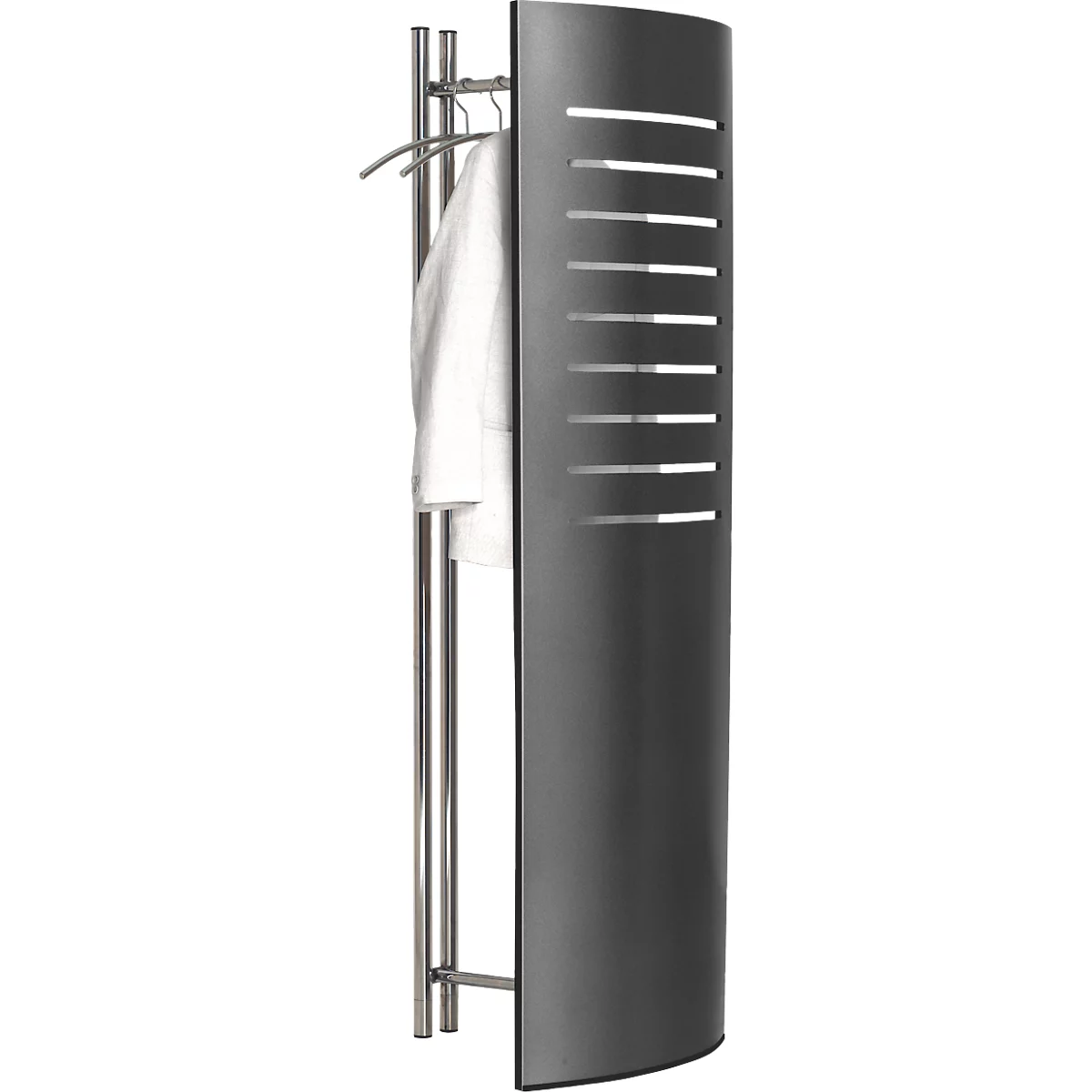 Moderne Garderobe mit geschwungener, grauer Frontblende und Metallstangen zum Aufhängen von Kleidung.