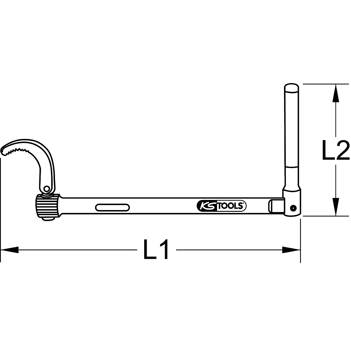 Werkzeug mit Haken und rechtwinkliger Stange, bemasst mit L1 und L2. Herstellerlogo: KS TOOLS.