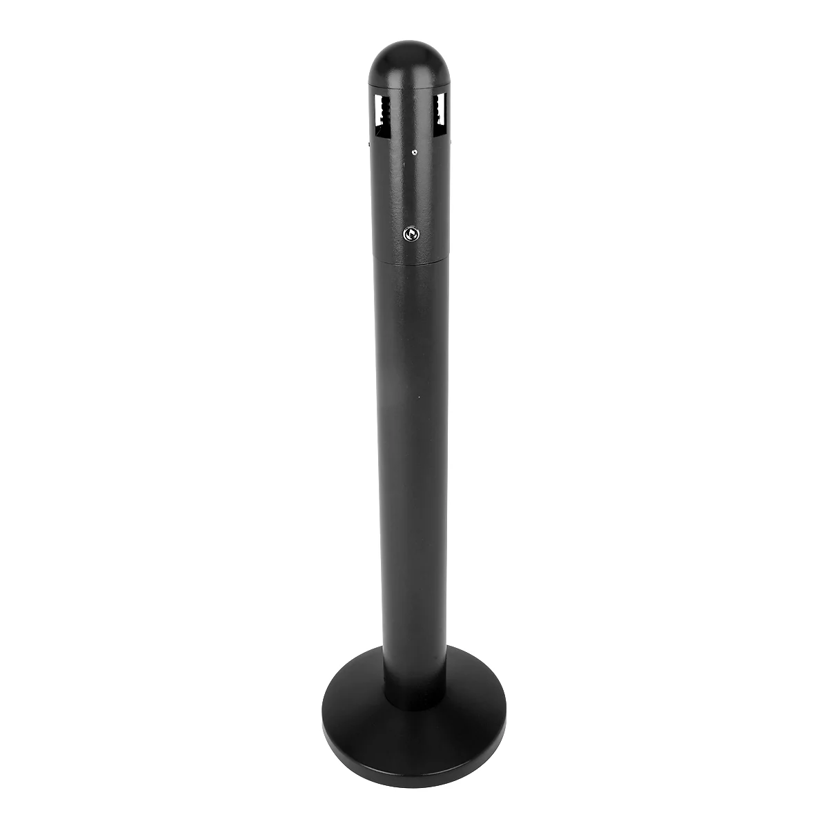 Black, cylindrical outdoor ashtray with round base. The upper part has slits.