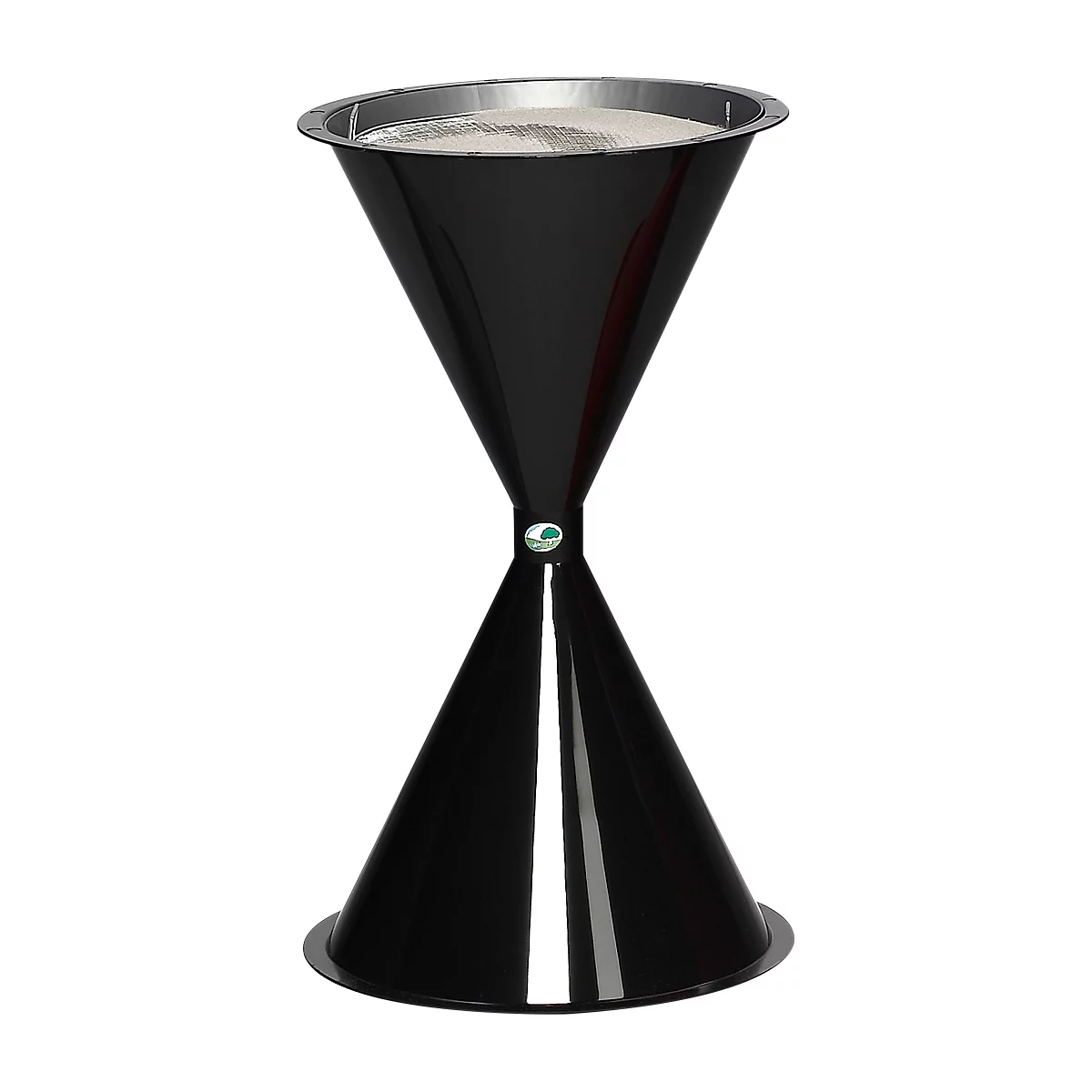 Black hourglass-shaped funnel with silver rim, green logo, isolated.